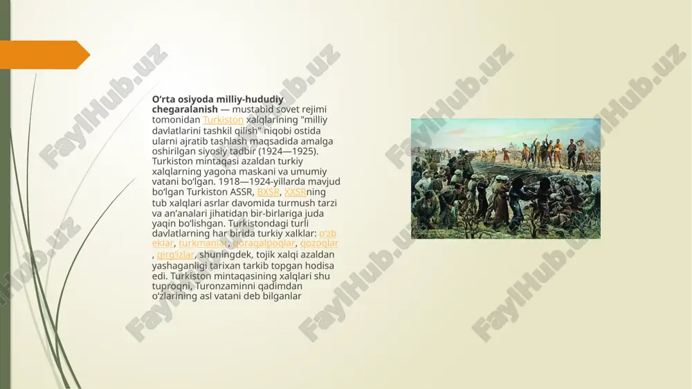 , i. vareykis, d.manjara, i.mejlauk, x.saxatmuratov va boshqalar siyosiy arboblar kirgan edi. 1924-yil 16-sentabrda turkiston assr ning navbatdan tashqari sessiyasi, 20-sentabrda butun buxoro xalq vakillarining 5-qurultoyi, 2-oktabrda butun xorazm xalq vakillarining 5-qurultoyi bu masalani koʻrib chiqib, oʻrta osiyoning milliyhududiy chegaralanishi toʻgʻrisida qaror qabul qildilar. mazkur qarorlarda oʻzbek va turkman xalqlariga oʻzbekiston ssr va turkmaniston ssr tuzish huquqi, turkiston assr ning qirgʻiz (aslida qozoq) viloyatlarini 1920-yilda tashkil qilingan qirgʻiziston assr (aslida qozogʻiston assr) bilan birlashtirish maqsadida qirgʻiz (aslida qozoq) xalqiga turkiston assrdan chiqish huquqi, qora qirgʻiz (aslida qirgʻiz) xalqiga turkiston assrdan chiqish huquqi va qora qirgʻiz (aslida qirgʻiz) avtonom oblastini tashkil etish huquqi, tojik xalqiga ham turkiston assrdan chiqib, tojikiston avtonom oblastini tashkil etish huquqi berilishi kerakligi taʼkidlandi. rsfsr (butun rossiya) markaziy ijroiya komitetining 2-sessiyasi (1924-yil 14-oktabr) oʻrta osiyodagi turkiston assr, buxoro va xorazm respublikalari oʻrnida oʻzbekiston ssr (oʻzssr) va turkmaniston ssr, shuningdek, tojikiston assr (oʻz ssr tarkibida), qoraqalpoq va qora …