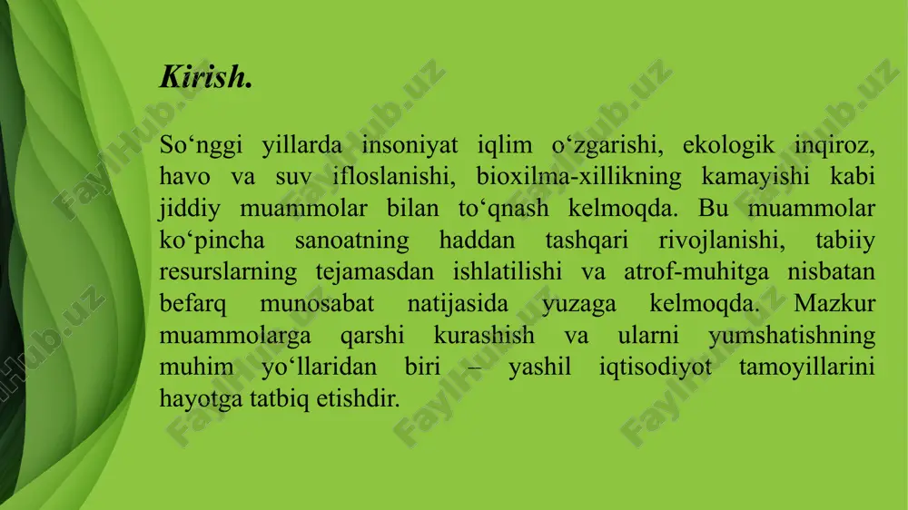 igan iqtisodiyotdir”. yashil iqtisodiyot quyidagi tamoyillarga asoslanadi: uglerod chiqindilarini kamaytirish energiya va resurslardan samarali foydalanish qayta tiklanuvchi energiya manbalaridan foydalanish atrof-muhitni muhofaza qilish ekologik toza texnologiyalarni joriy etish ijtimoiy adolat va barqaror turmush tarzini qo‘llabquvvatlash uning paydo bo‘lishi va dolzarbligi yashil iqtisodiyot tushunchasi ilk bor 1980-yillarda atrofmuhitni muhofaza qilish, iqtisodiy rivojlanish va ijtimoiy tenglikni uyg‘unlashtirish zarurati ortib borgan davrda ilgari surilgan. ammo bu g‘oya global miqyosda keng e’tiborga 2008-yilgi jahon moliyaviy inqirozidan so‘ng tushdi. xalqaro hamjamiyat iqtisodiy tiklanish jarayonida ekologik barqarorlikni ham hisobga olish zarurligini anglab yetdi. shundan so‘ng “yashil iqtisodiyot” konsepsiyasi ko‘plab xalqaro tashkilotlar, xususan, birlashgan millatlar tashkiloti (bmt), jahon banki, iqtisodiy hamkorlik va taraqqiyot tashkiloti (oecd) va boshqa muassasalar tomonidan qo‘llab-quvvatlana boshlandi. 2012-yilda braziliyaning rio-de-janeyro shahrida o‘tkazilgan “rio+20” sammitida yashil iqtisodiyot asosiy muhokama mavzularidan biri bo‘ldi. sammitda yashil iqtisodiyot — barqaror rivojlanishga erishishning eng muhim vositalaridan biri sifatida e’tirof etildi. bu voqea yashil iqtisodiyotni jahon siyosati va iqtisodiy …