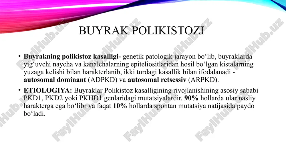 dik nayiga chiqish bo‘lmaydi, u kengayadi va oddiy kistaga aylanadi. ko‘pgina kistalar kortikal qatlamda hosil bo‘ladi; ular butunlay izolyatsiya qilingan va ularning ostida joylashgan chiqish kanallari bilan aloqa bo‘lmaydi. agar shakllanayotgan nefronlarning hammasi yoki deyarli barchasi chiqaruvchi kanallarga ega bo‘lmasa, buyrakning deyarli barcha parenximasi kistoz degeneratsiyasiga uchraydi. bunday nuqson homila tug‘ilishidan oldin ham aniqlanadi va multikistoz buyrak deb ataladi. zararlanish bir yoki ikki tomonlama bo‘lishi mumkin. agar nefronlarning katta qismida yig‘uvchi kanalchalar bo‘lmasa, buyrak yuzasida ko‘p miqdordagi kistalar hosil bo‘ladi (50 va undan ortiq). ushbu holat bolalar tipidagi buyraklar polikistoz kasalligi deb ataladi. agar nefronlarning kam qismi yig‘ish naychalari bilan bog‘lanmagan bo‘lsa, kistalar hosil bo‘ladi (har xil miqdorda — 20 dan 50 gacha), va yetarli miqdorda buyrak to‘qimalari faoliyatini saqlab qoladi. ushbu shakl kattalar tipidagi buyraklar polikistoz kasalligi deb ataladi; klinik alomatlari kech paydo bo‘lishi yoki hatto umuman bo‘lmasligi mumkin. etiopatogenetik printsipga asoslangan osathanondh va potter tasnifi 1-tip. buyrakdagi kistalar …