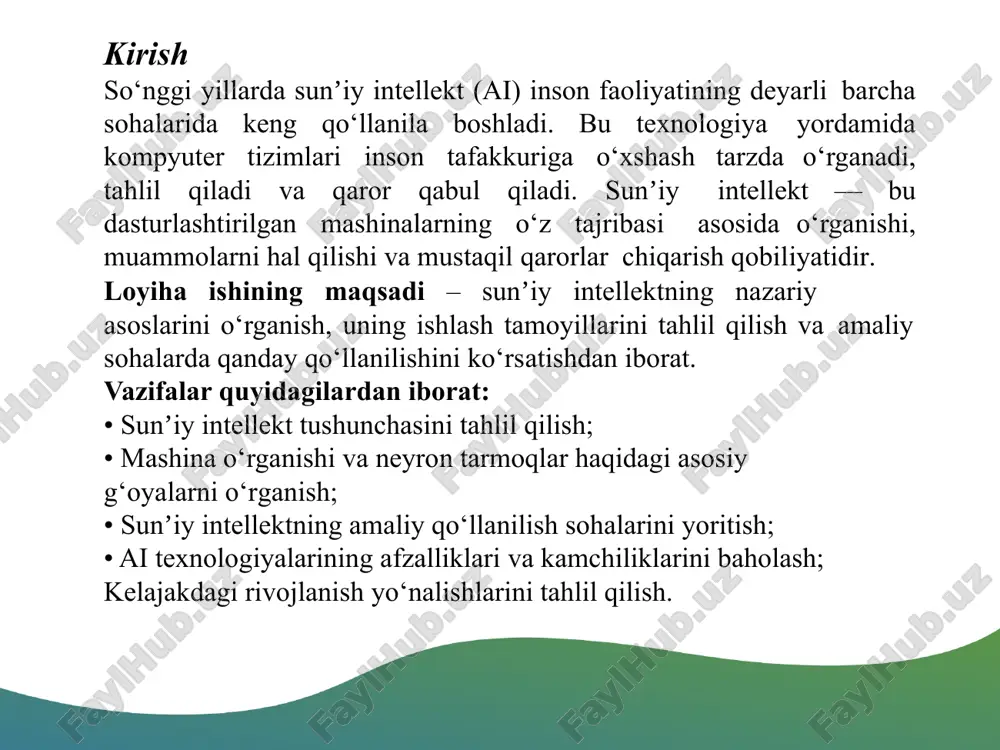 shi (machine learning) • chuqur o‘rganish (deep learning) • neyron tarmoqlar (neural networks) • kompyuter ko‘rishi (computer vision) • tabiiy tilni qayta ishlash (natural language processing) • ekspert tizimlari va robototexnika sunʼiy intellekt tushunchasi sunʼiy intellekt (ai, artificial intelligence) — inglizcha "artificial" (sunʼiy) va "intelligence" (intellekt) so‘zlaridan tashkil topgan. bu atama dastlab 1956-yilda amerikalik olim jon makkarti (john mccarthy) tomonidan taqdim etilgan. uning taʼrifiga ko‘ra: “sunʼiy intellekt — bu mashinalar orqali aqlli xatti-harakatlarni amalga oshirish ilmi va muhandisligidir.” sunʼiy intellektga quyidagilar kiradi: mashinali o‘rganish (machine learning) · chuqur o‘rganish (deep learning) · tabiiy tilni qayta ishlash (nlp — natural language processing) · kompyuter ko‘rish (computer vision) · ekspert tizimlar · robototexnika va boshqalar. sunʼiy intellektning qo‘llanilish sohalari sunʼiy intellekt (si) texnologiyalari bugungi kunda turli sohalarda keng qo‘llanilmoqda. ular yordamida inson aqli bilan bajariladigan ko‘plab murakkab vazifalar avtomatlashtirilmoqda. quyida si eng ko‘p foydalaniladigan asosiy sohalar yoritib beriladi. si tibbiyotda aniq tashxis …
