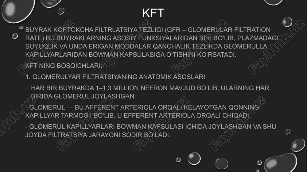 . nacl kamayganda → renin sekretsiyasi ortadi → angiotenzin ii hosil bo‘ladi → efferent arteriola torayadi → gfr saqlab qolinadi. 5. gfrga ta’sir qiluvchi omillar omil ta’siri afferent arteriola torayishi (nsaid, simpatik aktivlik)↓ → gfr ↓ afferent arteriola kengayishi (prostaglandinlar, dopamin)↑ → gfr ↑ efferent arteriola torayishi (angiotenzin ii, noradrenalin)↑ → gfr ↑ (ma’lum darajada) plazma oqsillari ko‘payishi↑ → gfr ↓ bowman bosimi oshishi (masalan, tosh, prostata adenomasida siydik chiqishi to‘silishi)↑ → gfr ↓ 6. gfrning klinik chegaralari va buyrak kasalliklari gfr (ml/min/1.73m²) stadiya izoh 1 ≥90 buyrak funktsiyasi normal, ammo shikastlanish belgisi bor 2 60–89 yengil kamayish 3a 45–59 o‘rtacha kamayish 3b 30-44 serilarli kamayish 4 15–29 og‘ir kamayish 5 1 g/kun yoki nefrotik sindrom. 2. gematouriya (qonda siydikda qon bo‘lishi) — ayniqsa mikroskopik. 3. kreatinin tez oshib borayotgan holat (aki sababi noma’lum bo‘lsa). 4. glomerulonefritning turini aniqlash. 5. buyrak transplantatsiyasidan keyingi rad etish yoki boshqa patologiyani aniqlash. 6. …