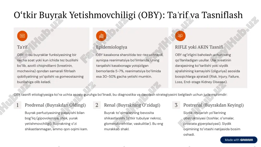 shi natijasida bosim oshadi. https://gamma.app/?utm_source=made-with-gamma oby sabablari: predrenal, renal va postrenal omillar oby ning har bir turi o»ziga xos patofiziologik mexanizmlarga ega. ularni farqlash to»g»ri davolanishni boshlash uchun kalit hisoblanadi. predrenal sabablar (eng keng tarqalgan) gipovolemiya: qon yo»qotish, qusish, diareya, diuretiklar nazoratsiz qabul qilish. yurak funksiyasining buzilishi: kardiogen shok, og»ir yurak yetishmovchiligi. sistemali vazodilatatsiya: sepsis, anafilaksiya, og»ir pankreatit. dori vositalari: aynqvv (nsaids) va aaf ingibitorlari buyrak perfuziyasini yomonlashtirishi mumkin. renal sabablar o»tkir tubulyar nekroz (otn): predrenal obyning davom etishi (ishemiya) yoki nefrotoksik moddalar (aminoglikozidlar, kontrast moddalar) ta'siri. o»tkir glomerulonefrit: streptokokkdan keyingi, tez rivojlanuvchi glomerulonefrit. o»tkir interstitsial nefrit: ko»pincha dori-darmonlarga (antibiotiklar, ba'zi diuretiklar) allergik reaktsiya natijasi. postrenal sabablar qovuq obstruktsiyasi: prostata bezi giperplaziyasi, siydik pufagi o»smalari. ureterlarning obstruktsiyasi: buyrak toshlari, qon quyqalari, retroperitoneal fibroz. https://gamma.app/?utm_source=made-with-gamma oby diagnostikasi: klinik ko»rinishlar, laboratoriya va instrumental tekshiruvlar oby diagnostikasi bemorni sinchkovlik bilan tekshirish, laboratoriya sinovlari va vizualizatsiya usullarining kombinatsiyasini talab qiladi. klinik ko»rinishlar dastlabki bosqichlarda …