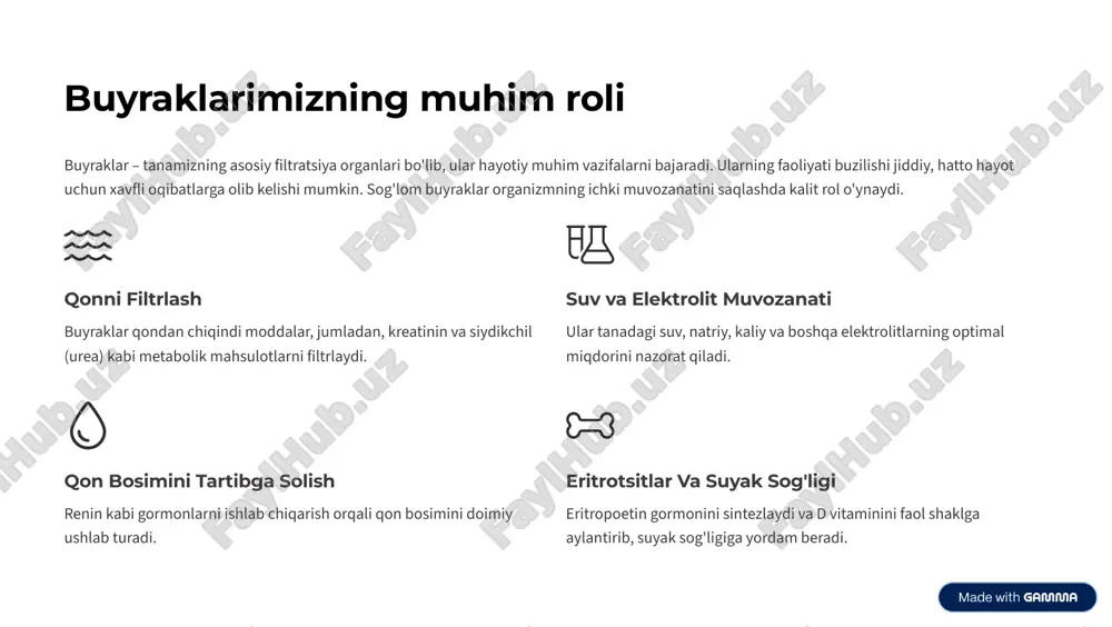 ak toshlari, prostata kattalashishi) siydik oqishini bloklaydi. https://gamma.app/?utm_source=made-with-gamma oby sabablari va xavf omillari oby ko'p hollarda buyraklar normal ishlashi uchun zarur bo'lgan qon ta'minotining buzilishi yoki buyrakning o'ziga bevosita toksik ta'sir natijasida yuzaga keladi. bu holatning kelib chiqish ehtimolini oshiradigan bir nechta xavf omillari mavjud. asosiy sabablar qattiq dehidratsiya yoki qon yo'qotish (prerenal). yirik operatsiyalardan keyingi qon bosimining keskin pasayishi. ba'zi dorilar: yallig'lanishga qarshi nosteroid preparatlar (nyaqp), aminoglikozidlar. sepsis va og'ir infeksiyalar. siydik yo'llarining obstruktsiyasi (to'siqlanishi). xavf omillari keksa yosh. surunkali buyrak kasalliklari tarixi. qandli diabet. yurak yetishmovchiligi. https://gamma.app/?utm_source=made-with-gamma nefrotik kriz: belgilari va diagnostikasi nefrotik kriz (nk) 4 bu nefrotik sindromning (oqsillarning siydik bilan massiv yo'qolishi) keskin og'irlashgan holati bo'lib, asosan bolalarda uchraydi, ammo kattalarda ham kuzatilishi mumkin. uning asosiy belgisi shishlarning kuchayishi va umumiy ahvolning yomonlashuvidir. klinik belgilar massiv shish, ayniqsa ko'z atrofi, yuz va oyoqlarda. qorinda suyuqlik to'planishi (astsit). siydik miqdorining kamayishi (oliguriya). ko'ngil aynish va qayt qilish. …