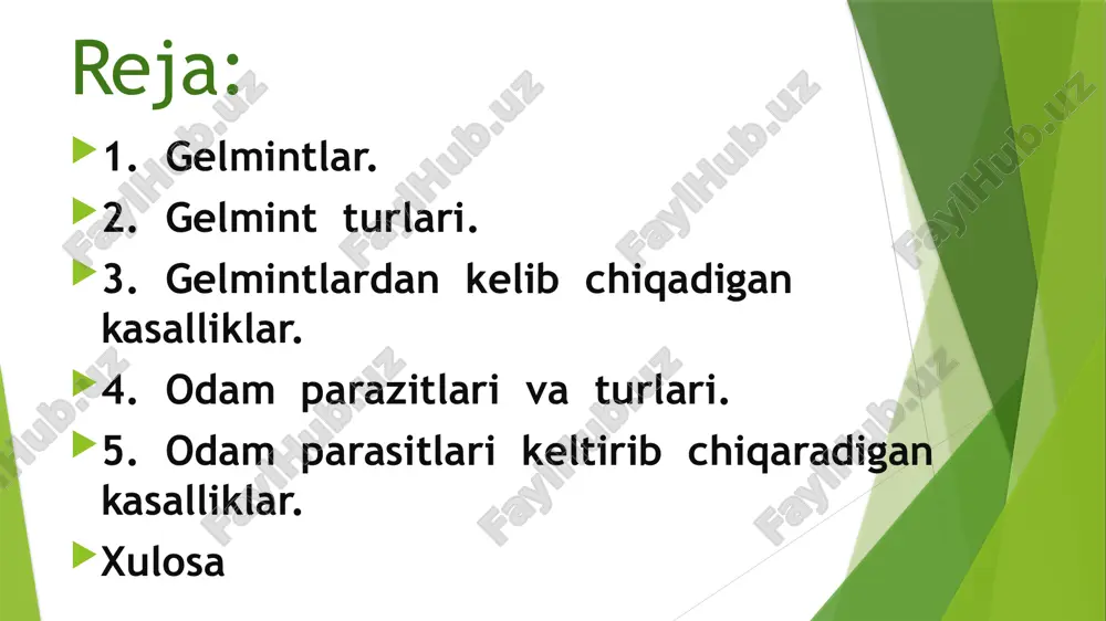 is shistosoma gelmintlarning ta'siri: ichaklarning shishishi, qorin og'rig'i, diareya yoki qonli ich ketishi kabi alomatlar ko'rinishi mumkin. ba'zi gelmintlar jigar, o'pkalar va yurakka zarar etkazishi mumkin. gelmintlar bilan kasallanish: gelmintlar organizmga suv yoki ovqat orqali kirishi mumkin. gelmintlar ko'pincha ifloslangan suv yoki oziq-ovqat orqali tarqaladi. gelmintlardan keltirib chiqaradigan kasalliklar. jigar qurti-fastsiolez. mushuk so'rg'ichi-opistorxoz. lansetsimon so'rg'ich-dikrotselioz. o 'pka qurti yoki o'pka so'rg'ichi-paragonimoz. qon qurtlari (qon so'rg'ichi)-shistozomatoz. qoramol solityori-teniarinxoz. cho’chqa solityori yoki ilmoqli gijja-tenioz. parazitologiya – biologik fanlar komleksi boʼlib, parazitlar biologiyasi va ekologiyasini parazitizm xillarini, parazitlar qoʼzgʼatadigan kasalliklarni har tomonlama va organizmga patogen taʼsirini oʼrganadigan fan. parazitizm – biologik fenomen boʼlib ikkita turning oʼzaro hamkorlikda yashashidir. bunda sharoit boshqa organizmdan oziq manbai va yashash muhiti sifatida foydalanadi. turlar aro munosabatning 2 ta turi mavjud: antibioz-2ta turni birga yashay olmasligi, ya’ni oziq uchun raqobat. masalan: mog’or zamburug’i. simbioz-hamkorlikda yashash. 2 xil bo’ladi. musbat simbioz-sinegrizm. manfiy simbioz-antogonizm. parazitizmning quyidagi turlari mavjud: yolg‘on parazitizm. …