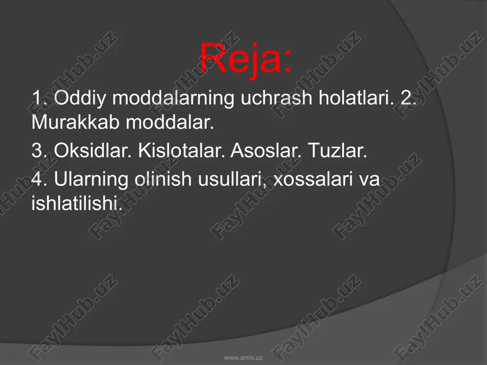 4fe + 3o2 = 2fe2o3 4p + 5o2 = 2p2o5 s + o2 = so2 2. murakkab moddalarning o2 da yonishi: ch4 + 2o2 = co2 + 2h2o 3. gidroksidlarning parchalanishi: 2 fe(oh)3 = fe2o3 + 3h2o mn(oh)2 = mno + h2o 4. tuzlarning parchalanishi: caco3 = cao + co2 cu(no3)2 = cuo + 2no2 + 1/2o2 1. asosli oksidlar. kislotalar va kislotali oksidlar bilan o’zaro reaksiyaga kirishib tuz hosil qiladigan oksidlar asosli oksidlar deyiladi. mn: na2o, k2o, cao, mgo, bao kimyoviy xossalari. 1. hci + cao → caci2 + h2o 2. na2o + h2o → naoh 3. mgo + so3 → mgso4 2. kislotali oksidlar. asoslar yoki asosli oksidlar bilan o’zaro reaksiyaga kirishib, tuz hosil qiladigan oksidlar yoki kislota to’g’ri keladigan oksidlar kislotaviy oksidlar deyiladi. mn: so2 , so3, co2, n2o5, p2o5, no2, cro3, sio2, ci2o7 kimyoviy xossalari: 1. co2 + h2o ↔ h2co3 2. p2o5 + 6naoh = …