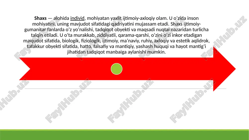 bo'lsa, u jamiyat a'zosi sifatida kamol topib, murakkab ijtimoiy munosabatlar tizimida o'ziga munosib o'rin egallaydi. chunki rivojlanish tarbiya ta'siri ostida boradi.shaxsning fazilatlarini to'g'ri ko'rish va bexato baholash uchun uni turli munosabatlar jarayonida kuzatish lozim.demak, shaxsni rivojlantirish vazifasini to'g'ri hal etish uchun uning xulqiga ta'sir etuvchi omillar hamda shaxs xususiyatlarini yaxshi bilish zarur. tarbiya bolaga samarali ta'sir etishi uchun o'sish va rivojlanish qonuniyatlarini bilish va hisobga olish maqsadga muvofiq. shunday qilib, rivojlanish va tarbiya o'rtasida ikki tomonlama aloqa mavjud. tarbiya — shaxsda muayyan jismoniy, ruhiy, axloqiy, ma'naviy sifatlarni shakllantirishga qaratilgan amaliy pedagogik jarayon; shaxsning shakllanish omillari koʻp va xilma-xiddir. masalan, genetik (nasliy), biologik-tabiiy, madaniy, ijtimoiy hayot tajribasi, oʻz turdoshlari bilan munosabatlar va boshqalar shaxsning genetik jihati uning nasliy asosi, ajdodlaridan yetib kelgan fizionomiya, feʼl-atvor bilan, biofiziologik jihati esa yashash uchun quvvat olish, ovqatlanish, jinsiy aloqaga kirishish va nasl qoldirish singari individual ehtiyoj bilan belgilanadi. fanda odamning shaxs sifatida rivojlanishiga biologik va …