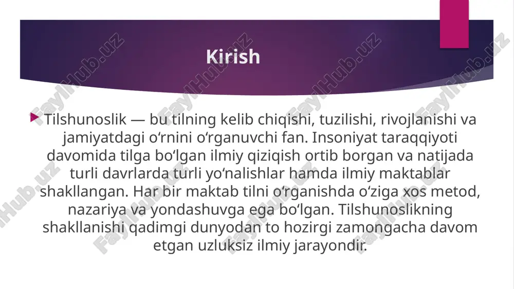 xshashliklarni o‘rganib, hind-yevropa tillari oilasini ilmiy asosda tasnifladilar. bu davrda tilni tizimli va tarixiy jihatdan o‘rganish boshlandi. qiyosiy-tarixiy maktab tilda o‘zgarishlar tasodifiy emas, balki ma’lum qonuniyat asosida yuz berishini isbotladi. masalan, grimm qonuni german tillaridagi tovush o‘zgarishlarini izohlab berdi. yosh grammatiklar maktabi xix asr oxiri — xx asr boshlarida yosh grammatiklar deb atalgan yangi oqim paydo bo‘ldi. bu maktab vakillari — karl brugmann, hermann osthoff, august leskien. ular til o‘zgarishlari qonuniy va istisnosiz kechadi degan g‘oyani ilgari surdilar. tilning asosiy o‘zgarishi — fonetik jarayonlarda, ya’ni tovush tizimida sodir bo‘ladi deb hisobladilar. ular til tarixini o‘rganishda empirik (tajriba asosida) yondashuvni ilgari surishdi. strukturalizm maktabi xx asr boshida tilshunoslikda strukturalizm deb ataluvchi yangi yo‘nalish paydo bo‘ldi. bu yo‘nalishning asoschisi — ferdinand de sossyur. u o‘zining mashhur “umumiy tilshunoslik kursi” asarida tilni belgilar tizimi sifatida ta’rifladi. sossyur tilni sinxroniya (hozirgi holat) va diaxroniya (tarixiy rivojlanish) jihatidan o‘rganish zarurligini asoslab berdi. strukturalizm tilning ichki …