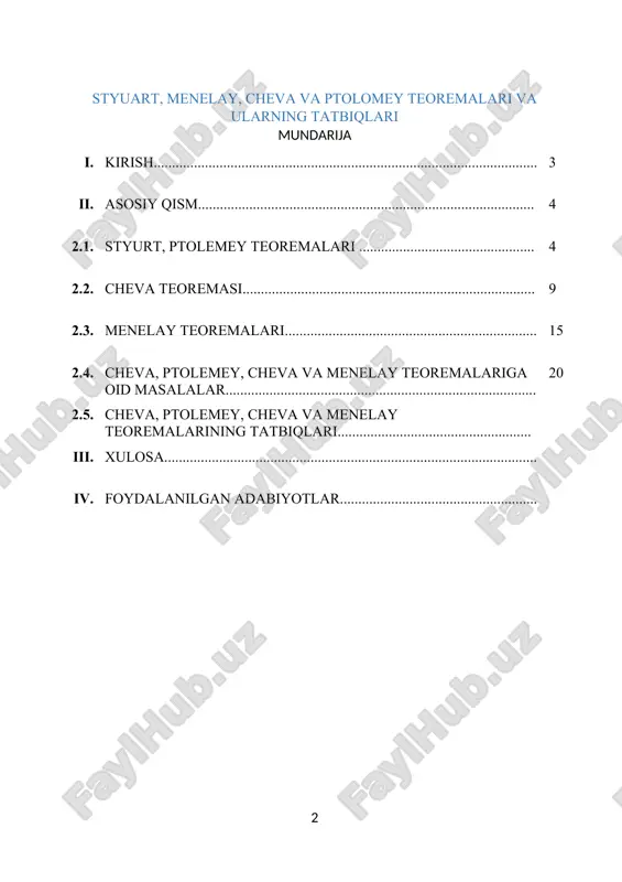 zikada geometriyaga oid masalalarni yechishda keng qo‘llanadi. kurs ishining asosiy maqsadi – menelay, cheva, ptolemey va styuart teoremalarining mazmunini tushuntirish, ularning isbotlarini ko‘rsatish va amaliy masalalar orqali qo‘llanilishini o‘rganishdir. 2.1.stuart va ptolemey teoremalari. 2.1.1-teorema(styuart teoremasi). agar nuqta uchburchakning tomonida yotib , va bo‘lsa , u holda , (2.1.1) bo‘ladi . isbot.i. balandlik yasab isbotlaymiz. uchburchakda va deb belgilab, uchidan (1-rasm) balandlik tushuramiz, natijada hosil bo‘lgan , va to‘g‘ri burchakli uchburchaklar uchun pifagor teoremasini qo‘llab quyidagilarni topamiz , (2.1.2) , (2.1.3) , (2.1.4) hosil bo‘lgan tengliklardan (2.1.2) dan (2.1.3) ni ayirib , (2.1.5) ni hosil qilamiz. (2.1.4) dan (2.1.4) ni ayirib , (2.1.6) ni hosil qilamiz . (2.1.5)ni ga , (2.1.6) ni ga ko‘paytirib ikkalasini qo‘shamiz. natijada , (2.1.7) tenglikni hosil qilamiz. ekanini hisobga olib (2.1.7) ni soddalashtirsak tenglikni hosil qilamiz . isbotlandi. isbot.ii.kosinuslar teoremasidan foydalanib isbotlaymiz deb belgilab olamiz . va uchburchaklar uchun kosinuslar teoremasini qo’llab , (2.1.8) , (2.1.9) …