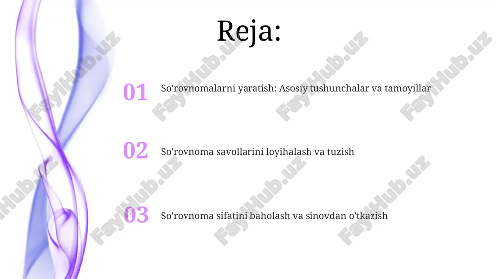 ning tushunarliligini baholash, maqsadli auditoriya uchun mosligini tekshirish uchun zarur jarayon, kamida 5-10 kishidan iborat bo'lgan pilot guruh yordamida amalga oshiriladi. takomillashtirish bosqichida, sinov natijalari asosida savollar qayta ko'rib chiqiladi, til aniqligi oshiriladi va respondentlarning tushunishiga xalaqit beradigan noaniqliklar bartaraf etiladi. ko'pincha, bir necha iteratsiyalar talab etiladi. e'tiboringiz uchun rahmat @taqdimot_robot image4.png image1.jpeg image2.jpeg image3.jpeg