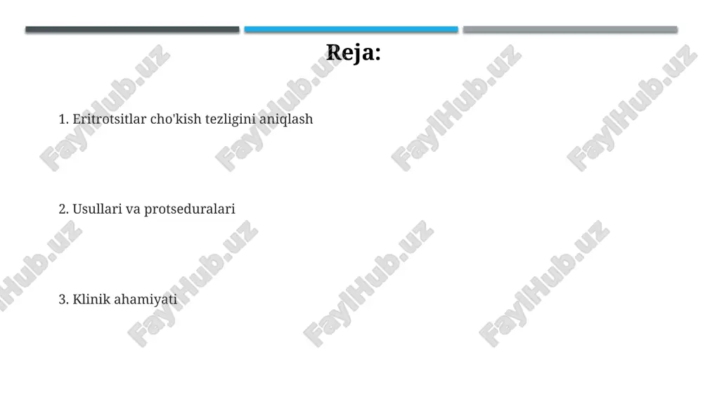 u boshqa klinik ma'lumotlar bilan birgalikda talqin etiladi. yuqori esr darajasi (>100 mm/soat) ko'pincha jiddiy kasalliklarni, masalan, infektsiyalar, autoimmun kasalliklar yoki malign neoplazmalarni ko'rsatadi, diagnostik tekshiruvni talab etadi. e'tiboringiz uchun rahmat @taqdimot_robot image1.png