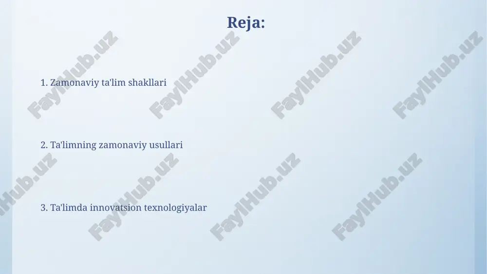 ar bir o'quvchining 5 ta asosiy ko'nikmasini aniqlab, shunga moslashtirilgan 70% o'quv dasturini yaratadi. blended learning (aralash ta'lim) modeli aralash ta'lim modeli an'anaviy yuzma-yuz darslarni onlayn resurslar bilan birlashtirib, talabalarga 50/50 nisbatda moslashuvchan o'quv tajribasini taqdim etadi. bu modelda o'quvchilar o'quv materiallarining 75% ini mustaqil ravishda onlayn platformalar orqali o'zlashtiradi, qolgan 25% i esa sinfda faol muhokamada ishtirok etadi. loyihaga asoslangan ta'lim (pbl) loyihaga asoslangan ta'lim (pbl)da talabalar 21-asr ko'nikmalarini, jumladan, tanqidiy fikrlash, hamkorlik va muammolarni hal qilishni faol loyihalar orqali rivojlantiradilar. pbl o'quvchilarni o'rganish jarayoniga jalb qilish uchun mo'ljallangan. pbl odatda 5 bosqichga ega: rejalashtirish, tadqiqot, bajarish, baholash va taqdimot. muammoga asoslangan ta'lim (pbl) muammoga asoslangan ta'lim (pbl) 21-asr ko'nikmalarini rivojlantiradi, talabalarni real muammolarni hal qilish uchun hamkorlikda ishlashga undaydi va tanqidiy fikrlashni o'rgatadi. pblda o'qituvchi rolini o'zgartiradi: u an'anaviy ma'ruzachi emas, balki talabalarga o'z-o'zidan o'rganish va muammolarni hal qilishda yordam beradigan tyutor va yo'lboshchi bo'ladi. flipped classroom (teskari …