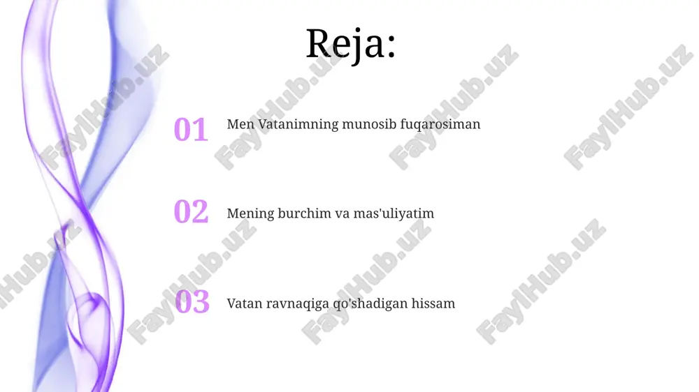 va qonuniy himoya huquqi o'zbekiston respublikasi konstitutsiyasining 115-moddasi bilan mustahkamlanadi. qonun ustuvorligi har bir fuqaroning huquq va erkinliklarini kafolatlaydi, konstitutsiyaning 15-moddasida davlat organlari, mansabdor shaxslar undan chetga chiqmasligi belgilangan. milliy madaniyatni asrash va rivojlantirish milliy madaniyatni asrash – bu 1992-yil 8-dekabrda qabul qilingan konstitutsiyaning 42-moddasida belgilangan har bir fuqaroning burchidir. 2017-2021-yillarda oʻzbekistonni rivojlantirishning beshta ustuvor yoʻnalishi doirasida madaniyatni rivojlantirishga qaratilgan muhim islohotlar amalga oshirildi. ta'lim olishga intilish ta'lim olishga intilish – bu har bir fuqaroning konstitutsiyaviy huquqi bo'lib, jamiyatning 2030-yilgacha bo'lgan maqsadlariga erishishda muhim ahamiyatga ega. prezidentimizning 5 ta muhim tashabbusi doirasida ta'lim sohasida 100 dan ortiq loyihalar amalga oshirilmoqda, bu yoshlarning bilim olishga bo'lgan ishtiyoqini oshiradi. mehnatsevarlik va halollik «halollik» qonunlarga rioya qilish va adolatli bo'lishni o'z ichiga oladi, bu fuqarolarning 90 foizi tomonidan qo'llab-quvvatlanadi, davlat barqarorligining asosi hisoblanadi. «mehnatsevarlik» insonning o'z vazifalarini 100 foiz bajarishga intilishini anglatadi, bu esa jamiyat taraqqiyotiga qo'shilgan hissaning muhim 75 foizini tashkil etadi. …