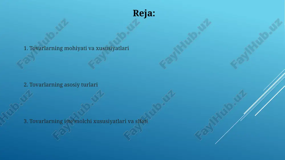 ar esa aksincha, talab paydo bo'lganda 100% yetkazib berilishi kerak. bu 99% emas. tovarlarning sifati va standartlari tovar sifati - bu uning maqsadga muvofiqligi, xavfsizligi va 100% mos keladigan texnik reglamentlar, standartlar yoki shartnomalar bo'yicha belgilangan barcha xususiyatlar majmui. o'zbekistonda mahsulot sifati o'zdst standartlari orqali tartibga solinadi, masalan o'zdst 1393:2012 "oziq-ovqat mahsulotlari xavfsizligi". bu 90% talablarni qamrab oladi. tovarlarning hayotiy sikli tovarning hayotiy sikli 4 ta asosiy bosqichdan iborat: joriy etish (kichik savdo), o'sish (savdo tez o'sadi), yetuklik (savdo barqarorlashadi) va pasayish (savdo kamayadi). har bir bosqichda marketing strategiyasi farq qiladi. misol uchun, joriy etishda xabardorlikni oshirishga, yetuklikda esa bozorni himoya qilishga urg'u beriladi, foyda maksimallashtiriladi. tovarlarning narxi va qiymati tovarning narxi uning puldagi ifodasidir, bozor sharoitida shakllanadi va talab, taklif kabi omillarga bog'liq. narx qiymatdan farq qiladi, qiymat esa mehnat sarflari bilan belgilanadi. tovarning qiymati uning ishlab chiqarish uchun sarflangan ijtimoiy zaruriy mehnat miqdori bilan belgilanadi, masalan, 10 soat …