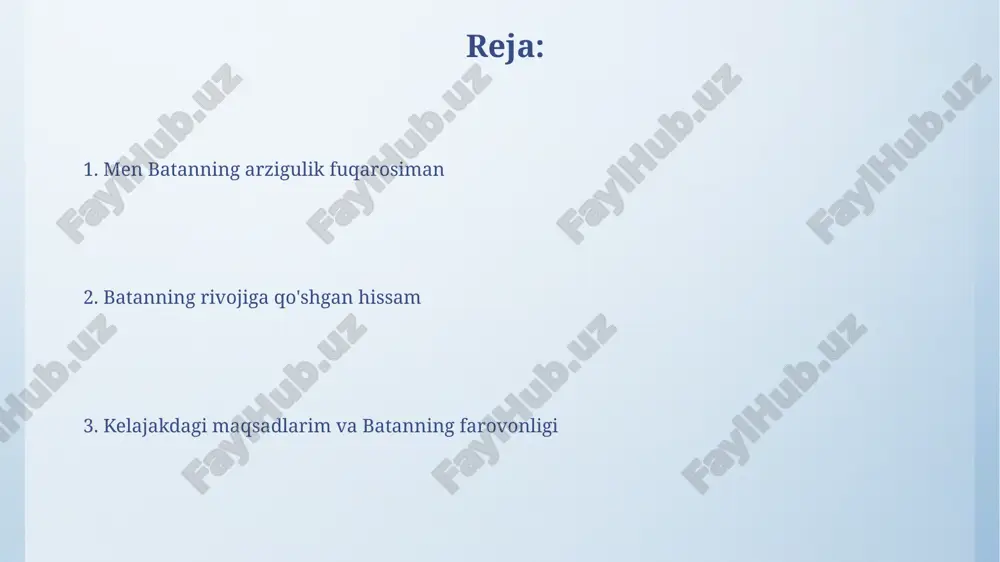 obodonlashtirish ishlarida 15 soatdan ortiq volontyorlik qildim va 50 dan ortiq daraxt ekishga yordam berdim. 2024-yilda mahalliy 'yoshlar ovozi' nntsi tomonidan tashkil etilgan 3 ta ijtimoiy tadbirda faol ishtirok etib, 100 dan ortiq fuqaro bilan fikr almashdim. qonunlarga rioya qilish va jamoat tartibini saqlash qonunlarga rioya qilish - har bir fuqaroning burchi, konstitutsiyaning 1-moddasida belgilanganidek, huquqiy davlat asoslarini mustahkamlash va jamiyatda barqarorlikni ta'minlash uchun muhimdir. jamoat tartibini saqlash vazirlar mahkamasining 2014-yil 25-iyuldagi 205-sonli qarorida ko'rsatilganidek, shaxsiy xavfsizlikni, mulkni himoya qilishni va jamoat joylarida osoyishtalikni ta'minlashni anglatadi. batanning ta'lim va ma'rifatiga qo'shgan hissam men 5 yildan ziyod vaqt davomida mahalliy maktabda volontyor bo'lib, o'quvchilarga matematika va tabiiy fanlardan qo'shimcha darslar o'tib, ularning bilim olishiga hissa qo'shdim. men batanning ta'lim resurslarini rivojlantirish uchun 100 dan ortiq kitob va o'quv qo'llanmalarini mahalliy kutubxonaga hadya qildim, bu esa o'quvchilar uchun kengroq imkoniyatlar yaratdi. batanning sog'lig'ini yaxshilashga qaratilgan harakatlarim mahallamizda haftasiga kamida 3 marta ertalabki …