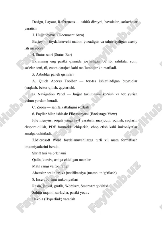 hami qalin, kursiv, ostiga chizilgan matnlar matn rangi va fon rangi abzaslar oraliqlari va justifikatsiya (matnni to‘g‘rilash) 8. insert bo‘limi imkoniyatlari rasm, jadval, grafik, wordart, smartart qo‘shish sahifa raqami, sarlavha, pastki yozuv havola (hyperlink) yaratish 9. word’ning yangi imkoniyatlari (2021 va undan keyingi versiyalar) dark mode — ko‘zlarni asrash uchun qora fon dictate — ovoz orqali matn kiritish co-authoring — bir vaqtda bir nechta odam bilan ishlash translator — matnni avtomatik tarjima qilish 10. word bilan bulutda ishlash yangi versiyalarda hujjatlarni onedrive orqali bulutda saqlash, ulashish va bir vaqtning o‘zida bir necha odam bilan ishlash imkoniyati mavjud. autosave funksiyasi bilan fayl o‘z-o‘zidan saqlanadi. share tugmasi orqali hujjatga boshqalarni taklif qilish mumkin 11. maxsus vositalar va funksiyalar word count – hujjatdagi so‘z, belgi, paragraf sonini hisoblaydi. spelling & grammar – imlo va grammatikani avtomatik tekshiradi. track changes – tahrirlar tarixini kuzatish. comments – izohlar qoldirish (jamoaviy ishlashda foydali). 12. klaviatura qisqa …