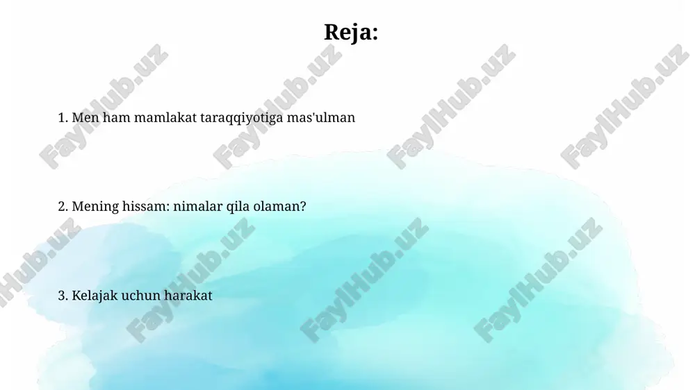 za mahsulotlarni iste'mol qilish orqali tabiatga g'amxo'rlik qilishim mumkin. faol fuqarolik pozitsiyasi faol fuqarolik pozitsiyasi 2024-yilda har bir fuqaroning davlat boshqaruvida ishtirok etishini, masalan, referendumlarda ovoz berish orqali ifodalaydi. faol fuqarolik pozitsiyasi, xususan, 18 yoshdan oshgan har bir o'zbekiston fuqarosining jamiyatdagi ijtimoiy-siyosiy jarayonlarga ta'sir etish huquqini anglatadi. sohalar bo'yicha shaxsiy hissa ta'lim sohasida shaxsiy hissa, masalan, maktabga 10 ta kitob sovg'a qilish, o'quvchilarning bilim olishiga minimal darajada yordam beradi va milliy taraqqiyotga xizmat qiladi. ekologik sohada, har bir fuqaro yiliga kamida 5 ta daraxt ekib, 10 kg chiqindini qayta ishlasa, mamlakatning barqaror rivojlanishiga qo'shilgan hissa bo'ladi. kelajak uchun reja «kelajak uchun reja» 2022-2026 yillarga mo'ljallangan taraqqiyot strategiyasida belgilangan 100 ta maqsadga erishishni ta'minlash uchun mo'ljallangan. ushbu reja, 5 ta ustuvor yo'nalish bo'yicha amalga oshiriladigan islohotlar orqali 2030 yilga borib aholi daromadlarini sezilarli darajada oshirishni ko'zlaydi. xulosa xulosa davlatning strategik maqsadlariga erishishdagi yutuq va kamchiliklarni 360 gradusda baholashni o'z ichiga oladi, …