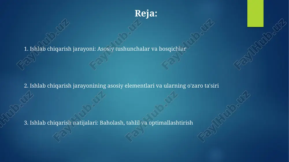 resurslarini talabga qarab o'zgartirish imkonini beradi. uskunalar va jihozlar uskunalar tarkibiga texnologik jarayonni ta'minlovchi asosiy mashinalar, yordamchi qurilmalar, transport vositalari va nazorat-o'lchov asboblari kiradi, ular umumiy ishlab chiqarish samaradorligiga ta'sir qiladi. jihozlar, odatda, uskunaning bir qismi bo'lib, xom ashyoni qayta ishlash uchun ishlatiladigan alohida moslamalar, masalan, press-formalari, keskichlar va 3d printer uchun maxsus detallar. ishlab chiqarishni rejalashtirish ishlab chiqarishni rejalashtirish 12-24 oylik davr uchun talab prognoziga asoslangan holda ishlab chiqarish resurslarini optimal taqsimlashni nazarda tutadi. mrp (material requirements planning) tizimlari ishlab chiqarish rejalashtirishda moddiy resurslarga bo'lgan ehtiyojni aniqlash va boshqarish uchun keng qo'llaniladi. sifat nazorati sifat nazorati jarayonning har bir bosqichida amalga oshiriladi, masalan, xom ashyo kelishidan boshlab, tayyor mahsulotning 100% tekshiruvigacha, defektlar sonini kamaytirish uchun. statistik jarayon nazorati (spc) kabi sifat nazorati usullari o'zgarishlarni monitoring qilish, tahlil qilish va 6 sigmaning maqsadi sari harakatlanish uchun qo'llaniladi, natijada kam xatolar bo'ladi. ishlab chiqarish hajmi va unumdorlik ishlab chiqarish hajmi korxonaning …
