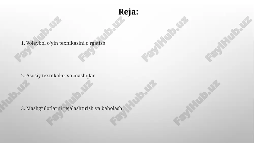 rash, havoda harakat va qo'nish, zarba berishning optimal nuqtasi to'p tepasida 30-50 sm balandlikda bo'lishi kerak. to'pga zarba berishda kaft ochiq, barmoqlar biroz yoyilgan bo'lishi kerak, zarba esa to'pning yuqori qismiga 45 gradus burchak ostida yo'naltiriladi, bu esa hujumchi zarbasining kuchini oshiradi. blok qo'yish texnikasi blok qo'yishda 1-bosqich – bu raqib hujumchisining harakatini kuzatish, 2-bosqich – sakrash va qo'llarni to'r ustidan o'tkazish orqali to'pni to'sishdir. blok qo'yishda qo'llar zich va barmoqlar keng ochilgan bo'lishi kerak, to'pni maksimal balandlikda ushlash va hujumga qarshi tezkor reaksiya talab etiladi. himoya texnikasi (qabul qilish va qazish) qabul qilishda (qabul qilish) oyoqlar yelkalar kengligida bo'lishi, tizzalar bukilgan va gavda biroz oldinga egilgan bo'lishi kerak, bu esa 90-100 daraja burchakni ta'minlaydi. qazishda (himoya) qo'llarni bir-biriga mahkam bog'lash va bilakning tekis yuqori qismini to'pni yo'naltirish uchun platforma sifatida ishlatish muhim, taxminan 135-150 daraja burchak ostida. joylashuv va harakatlanish volleybolda joylashuv, odatda, 6-2 sxema asosida bo'ladi, bunda 2 …