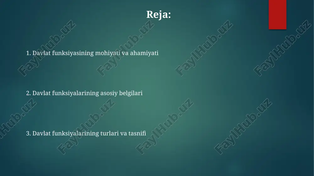 o'z vazifalariga ega. davlat funksiyalari vakolat xarakteriga ko'ra qonun chiqaruvchi, ijro etuvchi va sud hokimiyati funksiyalariga ajratiladi, bu esa hokimiyat bo'linishi prinsipiga asoslangan 3 ta asosiy yo'nalishni aks ettiradi. ichki davlat funksiyalari ichki davlat funksiyalari, masalan, huquqni muhofaza qilish, fuqarolarning xavfsizligini ta'minlash uchun 112 raqamiga qo'ng'iroq qilish, qonuniylikni mustahkamlash va huquq-tartibotni saqlash kabi vazifalarni o'z ichiga oladi. iqtisodiy sohada ichki funksiyalar davlat tomonidan tartibga solinadi, bunda milliy valyuta kursi barqarorligini ta'minlash, inflyatsiyani 5 foizdan past darajada ushlab turish kabi choralar ko'riladi. ijtimoiy sohada ichki davlat funksiyalari pensiya ta'minoti, kam ta'minlangan oilalarga 1 million so'mgacha moddiy yordam ko'rsatish, sog'liqni saqlash xizmatlari sifatini oshirishga qaratilgan. tashqi davlat funksiyalari mudofaa, tashqi siyosat va davlat chegaralarini himoya qilish tashqi funksiyalar doirasiga kiradi; masalan, mamlakatning 2023 yilda qo'shni davlatlar bilan tuzgan harbiy shartnomalari bunga misoldir. tashqi davlat funksiyalari davlatning boshqa davlatlar va xalqaro tashkilotlar bilan siyosiy, iqtisodiy va madaniy sohalardagi o'zaro munosabatlarini 1945 yilgi konventsiyaga …