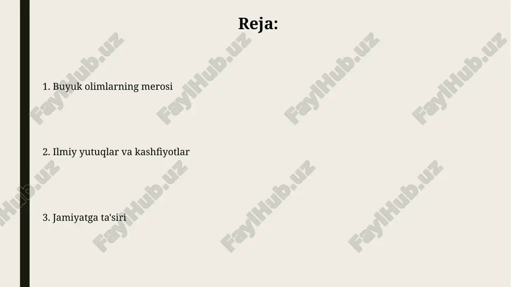 asarlar va kashfiyotlar al-xorazmiyning "al-jabr val-muqobala" asari algebra faniga asos soldi, unda 0 raqami va xatolik tushunchalari matematikada keng qo'llanila boshlandi. ibn sinoning "tib qonunlari" tibbiyotda muhim ahamiyatga ega bo'lib, unda 760 xildan ortiq dorivor o'simliklar, kasalliklar va ularni davolash usullari keltirilgan. zamonaviy dunyoga qo'shgan bebaho merosi al-xorazmiyning algebra asoslari, xususan, “al-jabr” tushunchasi, matematik modellarni yaratish va algoritmlarni ishlab chiqishda fundamental ahamiyatga ega bo'lib, zamonaviy texnologiyalarga ta'sir ko'rsatdi. ibn sinoning “tib qonunlari” asari, 17-asrga qadar yevropa universitetlarida tibbiyot bo'yicha asosiy qo'llanma bo'lib, farmakologiya va klinik tibbiyotning rivojlanishiga sezilarli hissa qo'shgan. tanqid va e'tirof “tanqid va e'tirof”da adabiy tahlilning 2 asosiy yo'nalishi mavjud: muallifning 1-qarashlarini tanqid qilish va uning 2-ijodini e'tirof etish muhim. ushbu tushuncha, odatda, 3 xil aspektni o'z ichiga oladi: asarning 1) ijobiy tomonlarini, 2) kamchiliklarini va 3) tarixiy ahamiyatini baholash jarayonidir. olimlarning hayoti va faoliyati al-xorazmiyning algebraga qo'shgan hissasi, ayniqsa, 'al-jabr' atamasining kelib chiqishi va 9-asrda tenglamalarni yechish …