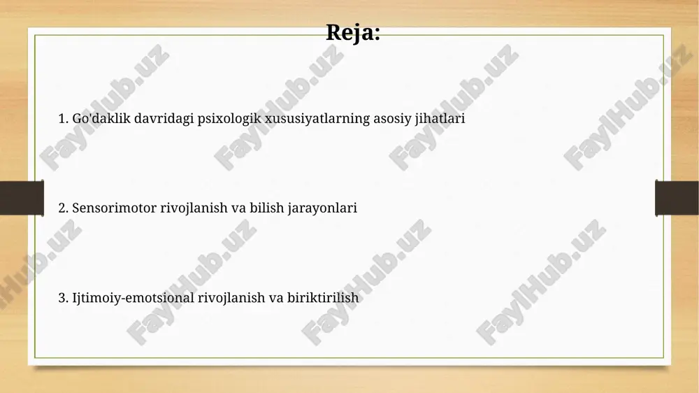 ga bo'ladilar va ikki so'zli gaplarni tuzishni boshlaydilar, bu esa grammatikani tushunishni ko'rsatadi. emotsional rivojlanish chaqaloqlarda dastlabki hissiyotlar, masalan, xursandchilik va g'azab 6 oylikkacha rivojlanadi. bu hissiyotlar asosan fiziologik ehtiyojlarning qondirilishi bilan bog'liq bo'ladi. 8 oylikdan 12 oylikkacha chaqaloqlarda qo'rquv va ajralish xavotiri paydo bo'ladi. ayniqsa, notanish odamlarga nisbatan qo'rquv (begonalashuv xavotiri) namoyon bo'lishi kuzatiladi. ijtimoiy rivojlanish infantlar 6 oylikdan 12 oylikkacha bo'lgan davrda biriktirma rivojlanishining muhim bosqichida bo'ladilar, odatda g'amxo'r odamlar bilan mustahkam emotsional aloqalar o'rnatadilar. 8 oylikdagi begonalardan qo'rqish paydo bo'lishi mumkin; bu bosqichda chaqaloqlar tanish yuzlarni yaxshiroq ajratadilar va notanish odamlarga nisbatan xavotir bildirishlari mumkin. temperament temperament chaqaloqlarda 9 ta o'lcham bo'yicha namoyon bo'ladi, jumladan faollik darajasi, ritmiklik, yondashuv-olib qochish, moslashuvchanlik, reaksiyaga kirishish chegarasi va intensivligi, kayfiyat va chalg'itish. ba'zi chaqaloqlar 40% 'oson' temperamentga ega bo'lib, ular ijobiy kayfiyatni, muntazam kundalik odatlarni va yangi tajribalarga oson moslashuvni namoyish etadilar. biriktirilish nazariyasi biriktirilish nazariyasi, 1950-yillarda jon boulbi tomonidan …