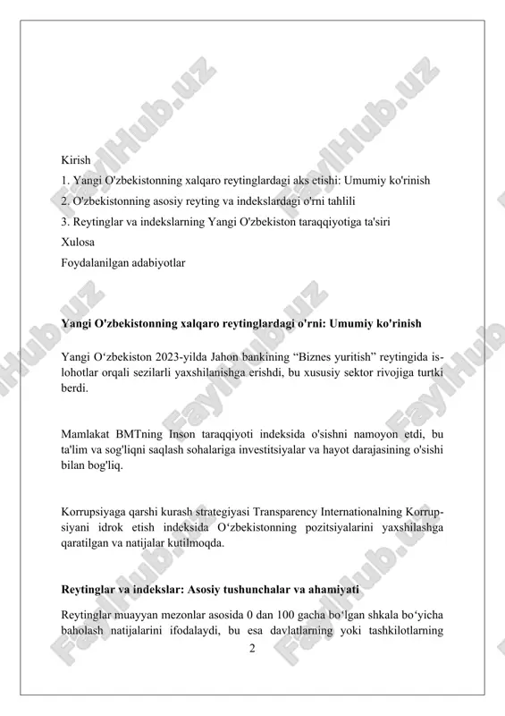 taqaviy o'rtacha ko'rsatkichdan yuqori bo'lib, barqaror iqtisodiy rivojlanishni aks ettiradi. jahon banki o'zbekistonning davlat qarzi barqarorligini baholashda, yaimga nisbatan qarz miqdori 2023-yilda taxminan 35% ekanligini ta'kidladi, bu esa boshqaruvdagi ehtiyotkorlikni ko'rsatadi. investitsiya muhiti: moody's va fitch reytinglari moody's o'zbekistonning reytingini 2023-yilda ba3 darajasida saqlab qoldi, bu barqaror iqtisodiy o'sish va davlat qarzi boshqaruvidagi ijobiy tendensiyalarni aks ettiradi. fitch ratings 2024-yilda o'zbekistonning suveren kredit reytingini bb- darajasida tasdiqladi, bu esa investitsiya muhitining yaxshilanishini va islohotlar natijasini ko'rsatadi. ikkala agentlik ham o'zbekistonning bank sektoridagi barqarorlikni ta'kidladi, bu korporativ boshqaruv va aktivlar sifatini yaxshilash bo'yicha hukumatning sa'y-harakatlari bilan bog'liq. biznes yuritish qulayligi: doing business indeksidagi o'zgarishlar o'zbekiston doing business reytingida 2012-2019 yillarda sezilarli yaxshilanishlarga erishdi, bu investitsiya muhitini isloh qilishga qaratilgan edi. 2020 yilda doing business hisobotining to'xtatilishi o'zbekistonning keyingi reyting tendentsiyalarini bevosita ko'rish imkoniyatini chekladi. ishbilarmonlik muhitini yaxshilashga qaratilgan islohotlar boshqa xalqaro indekslarda o'zbekistonning o'rnini yaxshilashga yordam berdi. korrupsiyaga qarshi kurash: transparency …