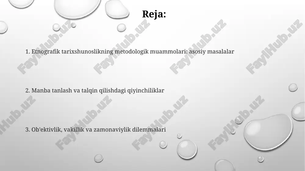 ilan o'tmishga nazar soladi. tarixiy manbalar rasmiy hujjatlar bo'lsa, etnografiya esa kuzatuv va intervyularga asoslanadi; ammo, arxiv manbalari etnografik tadqiqotlar uchun ham muhimdir. metodologik asoslar etnografik tarixshunoslikda 'metodologik asoslar' 1) tarixiylik, 2) manbalar tanqidi, 3) qiyosiy tahlil kabi tamoyillarga asoslanadi, ularning buzilishi xatoliklarga olib kelishi mumkin. metodologik asoslar etnografik ma'lumotlarni to'plashda kuzatuv, intervyu va arxiv hujjatlari kabi 3 asosiy usulni o'z ichiga oladi, ularni sintez qilish muhim. etnografik tadqiqotlarda metodologik yondashuvlar o'zgarishi tufayli 19-asrda shakllangan evolyutsionizm va diffuzionizm 20-asrda funksionalizm bilan almashdi. manba muammosi ilmiy adabiyotda "manba muammosi" deganda, etnografik ma'lumotlarni yig'ishdagi subyektivlik va tadqiqotchining madaniy biaslarining ta'siri nazarda tutiladi, 1872-1945-yillarni qamrab oladi. "manba muammosi" etnografik tarixshunoslikda 19-asr oxiri va 20-asr boshlarida yozilgan materiallarning ishonchliligi, xolisligi kabi savollarni o'rtaga tashlaydi. etnografik tarixshunoslikda "manba muammosi", ayniqsa, og'zaki manbalar bilan ishlashda dolzarb bo'lib, ularning tarixiy haqiqiyligi va aniqligini baholash qiyinchiliklarini keltirib chiqaradi, 1900-2000 yillar oralig'ida. xolislik va sub'ektivlik muammoni hal qilish uchun, …