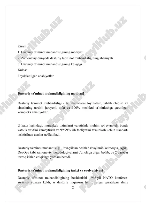 i, bu esa uni qayta ishlatish va saqlash imkoniyatini oshiradi. dasturiy ta'minotni ishlab chiqishning hayotiy sikli (sdlc) sdlc ning rejalashtirish bosqichi, loyiha maqsadlari, resurslar va jadvalini aniqlashda muhim rol o'ynaydi, bu muvaffaqiyatli dasturiy ta'minotni yaratish uchun asos bo'ladi. talablar tahlili bosqichi, foydalanuvchilarning ehtiyojlarini chuqur o'rganish orqali dasturiy ta'minotning funktsional va non-funktsional talablarini aniqlaydi. sinov va joylashtirish bosqichlari dasturiy ta'minotning sifatini ta'minlaydi, xatolarni bartaraf etadi va foydalanuvchilarga taqdim etishga tayyor holatga keltiradi. dasturiy ta'minot arxitekturasi va dizayni dasturiy ta'minot arxitekturasi tizimning asosiy tuzilishi, komponentlari va ularning o'zaro munosabatlarini belgilaydi, 4+1 ko'rinishi kabi yondashuvlar orqali tasvirlanadi. dizayn naqshlari, masalan, singleton yoki factory, umumiy dizayn muammolarini hal qilish uchun qayta ishlatiladigan yechimlar to'plamidir va loyiha tezligini oshiradi. mikroservislar arxitekturasi dasturiy ta'minotni kichik, mustaqil servislar to'plamiga ajratadi, bu esa masshtablash va yangilanishlarni osonlashtiradi, 12 omilli dasturiy ta'minot tamoyillariga muvofiq. dasturlash tillari va texnologiyalari zamonaviy dasturlash tillari, masalan, python 3.9 va undan keyingi versiyalari oson …