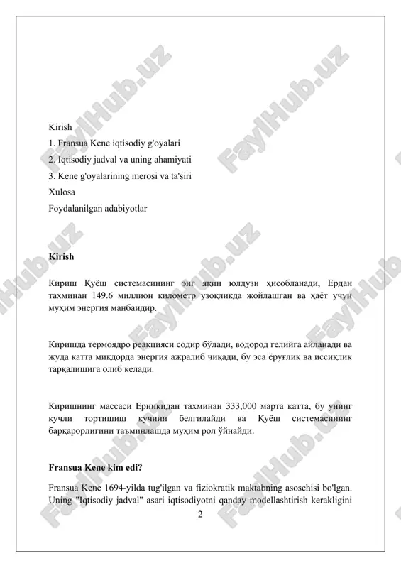 agi pul va mahsulotlar oqimini tasvirlaydi: ishlab chiqaruvchi dehqonlar (2 milliard livr), bepusht manufaktura sinfi va yer egalari, iqtisodiyotni aylanib o'tadi. jadvalning maqsadi soliq siyosatini tahlil qilish edi; quesnay yer solig'ining 1/3 qismi iqtisodiyotga eng kam zarar yetkazadigan degan xulosaga keldi, chunki u ortiqcha hosilning manbai edi. 1759 yilda nashr etilgan, 'tableau économique' zamonaviy iqtisodiy modellashtirishga o'xshashlik olib kelgan, milliy hisoblar va yalpi ichki mahsulot (yaim) tushunchalari uchun poydevor qo'ygan ilk makroiqtisodiy model hisoblanadi. qishloq xo'jaligining ahamiyati qishloq xo'jaligi iqtisodiyotning asosiy tarmog'i bo'lib, fransua kene uni yalpi milliy mahsulotning yagona manbai deb hisoblagan, bu fikr 18-asr uchun xos edi. kene yerga asoslangan qiymat nazariyasini ilgari surdi, bunda faqat qishloq xo'jaligi ortiqcha qiymat yaratadi, sanoat esa faqat qayta ishlash bilan shug'ullanadi, unumdorlik muhim omil. qishloq xo'jaligi aholini oziq-ovqat bilan ta'minlaydi va xomashyo manbai bo'lib xizmat qiladi, kene fikricha, bu tarmoqning rivoji butun davlat iqtisodiyotiga ta'sir qiladi. unumdorlik tushunchasi “unumdorlik tushunchasi” quesnay …