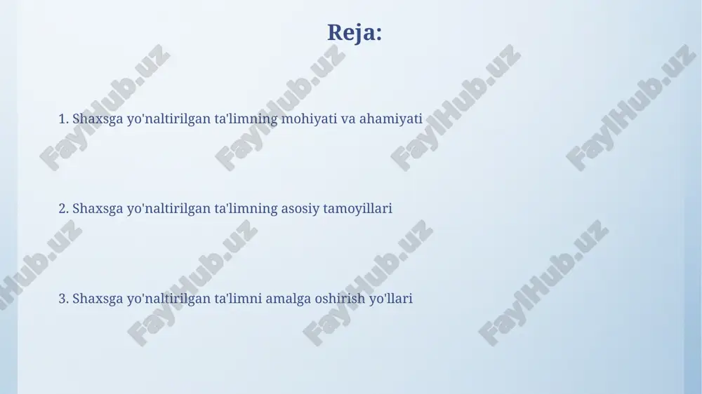 lashtirilgan loyihalar, tadqiqotlar va amaliy mashg'ulotlarni tashkil etish, masalan, steam yo'nalishidagi tadbirlar muhim ahamiyatga ega. o'quvchilarning qiziqishlari va ehtiyojlarini aniqlash o'quvchilarning qiziqishlari, ehtiyojlarini aniqlash uchun kuzatuvlar, so'rovnomalar (masalan, likert shkalasi) va suhbatlar kabi 3 ta asosiy baholash usulidan foydalanish muhimdir. turli o'quv materiallariga (kitoblar, videolar, interaktiv dasturlar) bo'lgan munosabatni o'rganish orqali o'quvchilarning qiziqishlari va ehtiyojlari haqida 10 tadan ortiq ma'lumot to'plash mumkin. ijodiy va mustaqil fikrlashni rivojlantirish ijodiy fikrlashni rivojlantirish uchun "6 qopqoqli fikrlash" usulidan foydalanish, muammoni har xil nuqtai nazardan ko'rib chiqishga yordam beradi. mustaqil fikrlashni kuchaytirish uchun "savollar berish texnikasi" orqali o'quvchilarning "nima bo'lardi agar?" kabi savollarga javob izlash ko'nikmalarini rivojlantirish lozim. shaxsga yo'naltirilgan ta'limda o'qituvchining roli o'qituvchi shaxsga yo'naltirilgan ta'limda, individual xususiyatlarni hisobga olgan holda, har bir o'quvchiga moslashuvchan ta'lim strategiyalarini ishlab chiqadi, masalan, 7 turli o'quv uslubini inobatga olgan holda. o'qituvchi o'quvchilarni 3 asosiy sohada: kognitiv, emotsional va xulq-atvor rivojlanishiga ko'maklashadi, bu ularning shaxsiy kamolotiga yo'naltirilganligi …