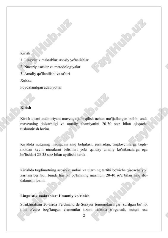 ppozitsiya, 2)paradigma va 3)sintagma bo'lib, ular tilning ichki tuzilishini tushunishga va amaliyotda turli xil vazifalarni hal qilishga imkon beradi. pragmatizm va tilshunoslik pragmatizm tilshunoslikda so'zning 100% ma'nosini faqatgina kommunikativ vaziyatda aniqlashga urg'u beradi, nutqiy aktlar nazariyasi kabi yo'nalishlar bilan bog'liq. pragmatik tadqiqotlar 7 asosiy tamoyilga asoslanadi, jumladan, kontekstga bog'liqlik, niyatni aniqlash va nutqiy harakatlarning 5 ta asosiy toifasini tahlil qilish muhim. aqshda 20-asrda rivojlangan pragmatizm, tilning amaliy qo'llanilishini, 3 asosiy komponenti bo'lgan nutqning kontekstini va kommunikativ maqsadini o'rganadi. generativ tilshunoslik va uning qo'llanilishi generativ tilshunoslik, noam chomskiy tomonidan ishlab chiqilgan bo'lib, tilni cheksiz gaplarni yaratish qobiliyatiga ega bo'lgan tug'ma qoidalar tizimi sifatida ko'radi. ushbu yondashuv sintaksisga katta e'tibor beradi, gap tuzilishini tushuntirish uchun daraxt diagrammalari va transformatsion qoidalardan foydalanadi, bu 1950-yillarda boshlangan. generativ tilshunoslik tabiiy tilni qayta ishlash, kompyuter lingvistikasi va til ta'limi sohalarida qo'llaniladi, masalan, avtomatik tarjima tizimlarini yaratishda muhim ahamiyatga ega. funksional tilshunoslik va amaliyot funksional tilshunoslikda 1930-yillarda …