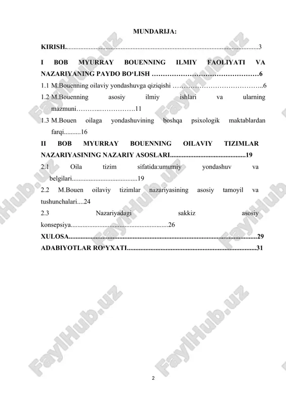 orqali tushuntiradi.ushbu kurs ishida bouenning oilaviy tizimga oid qarashlari, asosiy nazariy tamoyillari, terapiyadagi qo‘llanilishi va o‘zbek oilaviy muhitiga qanday mos kelishi tahlil qilinadi. mavzuning dolzarbligi: bu nazariya nafaqat terapevtik amaliyotda, balki tarbiya, ta’lim va sotsiologiyada ham samarali qo‘llanilishi mumkin. hozirgi davrda insonning psixologik salomatligi, ijtimoiy moslashuvi va shaxs sifatida shakllanishi borasida olib borilayotgan ilmiy izlanishlar oilaning rolini yana-da muhimlashtirmoqda. oila – bu inson ruhiyatiga eng kuchli ta’sir ko‘rsatuvchi birlamchi ijtimoiy muhit bo‘lib, undagi munosabatlar tizimi shaxsning butun hayoti davomida aks etadi.m. bouen tomonidan ishlab chiqilgan oilaviy tizimlar nazariyasi oilaning ichki psixologik dinamikasini, avlodlararo aloqalarni va hissiy muvozanatni chuqur tushuntirib bera oladigan samarali nazariy yondashuvdir. u nafaqat oilaviy muammolarni tahlil qilish, balki ularni davolash, barqarorlashtirish hamda shaxsning individual rivojlanishini ta’minlashda katta ilmiy-amaliy ahamiyatga ega.o‘zbekistonda ham ijtimoiy va oilaviy munosabatlarda yuzaga kelayotgan psixologik muammolar, ajrashishlar sonining ortishi, avlodlararo ziddiyatlar kabi holatlar ushbu nazariyani qo‘llash zaruriyatini ko‘rsatmoqda. shuningdek, bu nazariya oila psixologiyasi sohasida …