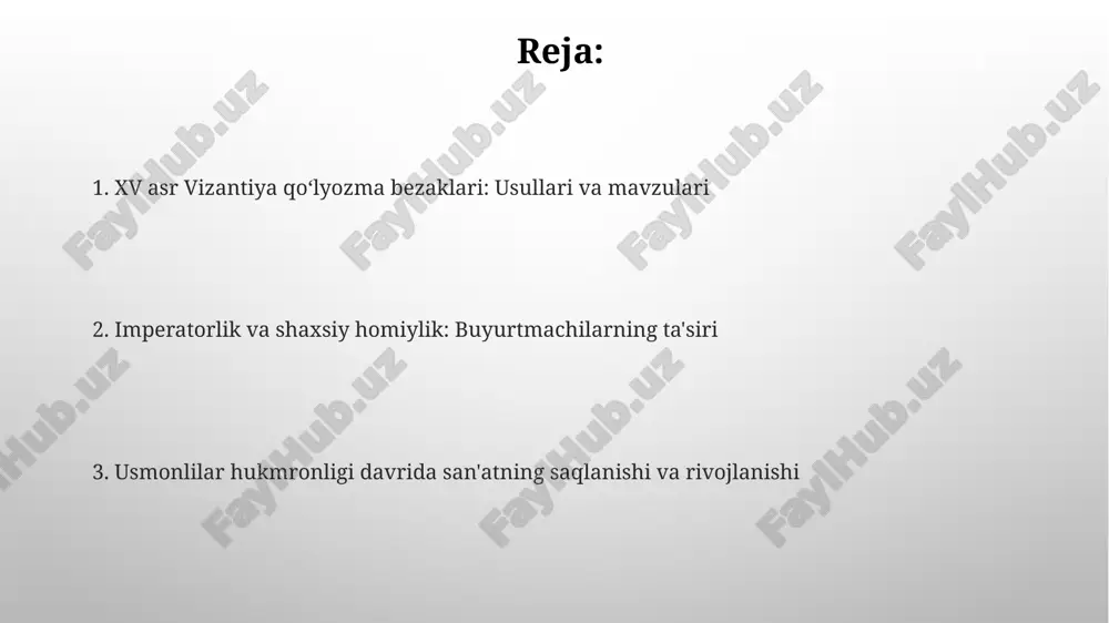 keng qo'llanilgan, ayniqsa, fon uchun, bu ilohiy nurni va abadiylikni ifodalash uchun xizmat qilgan. ranglar ramziy ma'noga ega edi. 15-asrda ikonografiya kanonlari qat'iy rioya qilingan, shu bilan birga, inson tanasining anatomiyasiga va perspektivaga e'tiborning ortishi kuzatilgan. diniy sahnalar: injil hikoyalari va avliyolar hayoti 15-asr vizantiya qoʻlyozmalarida injil sahnalari, xususan, iso masihning moʻjizalari tasvirlangan boʻlib, ular ikonografik anʼanalarga mos keladi. muqaddaslarning hayoti tasvirlangan sahnalar, masalan, avliyo georgiyning ajdahoga qarshi kurashi kabi epizodlar, oʻsha davrning ma'naviy e'tiqodlarini aks ettiradi. imperator portretlari va homiylik: san'atda hokimiyat ifodasi imperator portretlari ko'pincha oltin fonda tasvirlangan, bu ularning ilohiy aloqasini va dunyoviy hokimiyatdan yuqori maqomini ifodalagan, masalan, imperator ioann viii paleologning tasviri. homiy imperatorlar yangi cherkovlar qurish yoki mavjudlarini bezash orqali o'z hokimiyatini namoyish etishgan, bu esa ularning obro'sini oshirib, siyosiy ta'sirini mustahkamlagan. bezak elementlari: naqshlar, chegaralar va bosh harflar bezak elementlarida naqshlar geometrik shakllar (masalan, doiralar, to'rtburchaklar) va o'simlik motivlari (barglar, gullar) asosida 12-15-asrlarda yaratilgan …