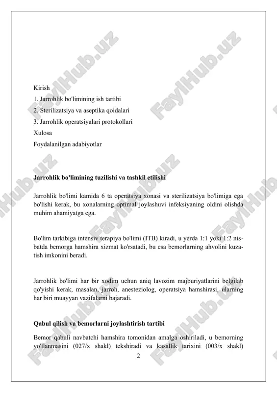 oziligi olinadi va ehtimoliy xavf-xatarlar 100% tushuntiriladi. anesteziya va og'riqni boshqarish anesteziya protokollari bemorning asa klassi (1 dan 5 gacha) va jarrohlik murakkabligiga qarab individual tarzda sozlanadi, bunda narkozning samaradorligi va xavfsizligi ta'minlanadi. og'riqni boshqarishning multimodal yondashuvi, opioidlarni (masalan, fentanil 50 mkg) non-opioid analgetiklar (masalan, ketorolak 30 mg) bilan birlashtirib, og'riqni kamaytiradi. hududiy anesteziya usullari, jumladan, umurtqa pog'onasi va epidural blokadalar, jarrohlikdan keyingi og'riqni kamaytirish uchun ishlatiladi, bu esa 0 dan 10 gacha og'riq shkalasini nazorat qilish imkonini beradi. sterilizatsiya va infeksiyani nazorat qilish autoklavlash jarayoni, masalan, 121°c da 15-30 daqiqa davomida amalga oshirilib, jarrohlik asboblarini samarali sterilizatsiya qilish uchun nam issiqlikdan foydalanadi va mikroorganizmlarni yo'q qiladi. operatsiya xonasida infeksiyani nazorat qilish uchun qo'llarni muntazam ravishda 70% alkogol asosidagi antiseptik bilan yuvish juda muhim, bu esa mikroblarning tarqalishini kamaytiradi va bemorlar xavfsizligini ta'minlaydi. jarrohlik uskunalari va xonalarni tozalash uchun epa tomonidan tasdiqlangan dezinfektsiyalovchi vositalardan foydalanish shart, bu infeksiyalar tarqalishining oldini …