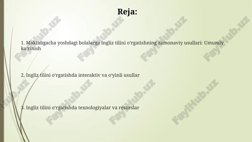 lini 3 yoshdan 6 yoshgacha o‘rgatish bolaning kelajakdagi ta’lim muvaffaqiyatini 25% gacha oshirishi mumkin, chunki u tushunish va muloqot ko‘nikmalarini rivojlantiradi. zamonaviy metodikalar va yondashuvlar kommunikativ metodika, 70% amaliyotga yo'naltirilgan, o'quvchilarni ingliz tilida real hayotiy vaziyatlarda muloqot qilishga o'rgatadi, grammatika esa kontekstda o'rgatiladi. clil (content and language integrated learning) fani orqali til o'rganish. masalan, 25% matematikadan ingliz tilida foydalanish bolalar bilimini oshiradi. o'yin texnologiyalari va raqamli resurslar: interaktiv o'yinlar, qo'shiqlar va ilovalar orqali 85% o'quvchilarning qiziqishini oshirish va motivatsiyasini kuchaytirish. o‘yin orqali o‘qitish lingvistik o‘yinlar, masalan, 'simon says' (simon aytdi) kabi o‘yinlar, bolalarning 10-15 ta so‘zdan iborat oddiy buyruqlarni tushunish va bajarish qobiliyatini rivojlantiradi. o‘yin orqali o‘qitish, 3-5 yoshdagi bolalar uchun eng samarali usuldir, chunki u motivatsiyani oshiradi va xavfsiz, qiziqarli muhitda o‘rganishga yordam beradi. 'find the object' (ob’ektni top) o‘yini kabi interaktiv o‘yinlar bolalarga 7-8 ta yangi so‘zni o‘rgatishda yordam beradi va ularning lug‘at boyligini oshiradi. qo‘shiqlar va she’rlar …