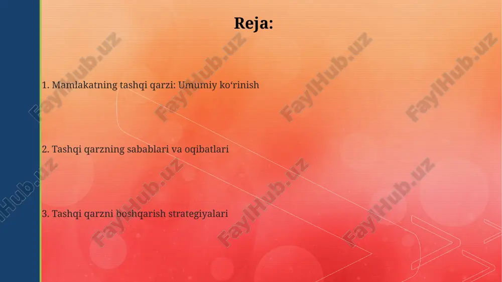 al xavfsizlikni kuchaytiradi. barqaror qarzni boshqarishda foiz stavkalari riskini minimallashtirish muhim, bunda o'zgaruvchan foizli qarzlar portfelini 25% dan oshirmaslik maqsadga muvofiqdir. e'tiboringiz uchun rahmat @taqdimot_robot image4.png image1.png image2.png