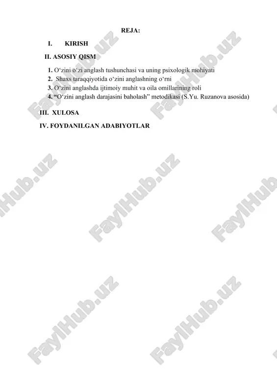 tti-harakatlarining ma’nosini tushunishi va ularni ongli ravishda boshqarishga bo‘lgan qobiliyatidir. zamonaviy psixologiyada esa bu jarayon shaxsiy identifikatsiya, refleksiv tafakkur va o‘z-o‘zini baholash bilan chambarchas bog‘liq deb qaraladi. bugungi kunda yoshlar orasida ruhiy izlanishlar, o‘zini anglash bilan bog‘liq inqirozlar, o‘ziga ishonchsizlik, identitetni yo‘qotish kabi muammolar keng uchramoqda. ayniqsa, raqamli axborot oqimi, ijtimoiy tarmoqlar bosimi va tashqi idealizatsiya jarayonlari shaxsni o‘ziga nisbatan salbiy baholashga olib kelmoqda. shuning uchun o‘zini anglash darajasini aniqlash, uni rivojlantirish yo‘llarini izlash va amaliy choralar ishlab chiqish bugungi kundagi dolzarb masalalardan biridir. 2.1. shaxs taraqqiyotida o‘zini anglashning o‘rni shaxs taraqqiyoti — bu insonning biologik, psixologik va ijtimoiy jihatdan murakkab, bosqichma-bosqich rivojlanish jarayonidir. mazkur jarayonda o‘zini anglash markaziy o‘rinni egallaydi. o‘zini anglaydigan shaxs o‘zini doimiy tahlil qilish, o‘zgartirish va takomillashtirishga qodir bo‘ladi. bu esa uning hayotdagi faol ijtimoiy subyekt sifatidagi o‘rnini mustahkamlaydi. o‘zini anglash – taraqqiyotning ichki mexanizmi o‘zini anglash – bu shaxsning o‘z “men”-konsepsiyasini shakllantirish va o‘z xatti-harakatlariga …