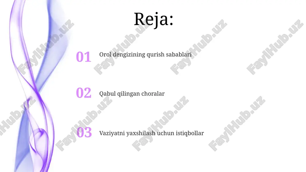 avtomatlashtirilgan tizimlar etishmasligi suvning samarali taqsimlanishiga to'sqinlik qiladi va ortiqcha sarflanishga olib keladi. iqlim o'zgarishining ta'siri o'rtacha haroratning 1.5 daraja selsiyga ko'tarilishi bug'lanishni kuchaytiradi, natijada aral dengizining suv sathida 30 foizlik pasayish kuzatiladi. iqlim o'zgarishi aral dengiziga suv quyadigan daryolarning qor va muzliklardan hosil bo'ladigan suv manbalarini kamaytiradi, bu esa 20 foizga qisqarishga olib keladi. sanoatning rivojlanishi va suv resurslariga bosim sanoatning o'sishi suv resurslariga bosim o'tkazadi, ayniqsa paxta yetishtirishda. 1960-yillarda irrigatsiya uchun suv olish 20 km3 dan oshib, orol dengiziga jiddiy ta'sir ko'rsatdi. mineral o'g'itlar ishlab chiqarish korxonalari va metallurgiya kombinatlari suvni ifloslantiruvchi asosiy omillar bo'lib, suv sifatini yomonlashtirib, ekotizimga zarar yetkazdi. oqibatlar: ekologik halokat orol dengizining qurishi natijasida tuz va chang bo'ronlari kuchaydi, har yili 15 million tonnagacha zaharli moddalar tarqalib, mintaqa ekotizimiga zarar yetkazmoqda. suv tanqisligi sababli o'simlik va hayvonot dunyosining 80% dan ortig'i yo'q bo'lib ketdi, biologik xilma-xillikning kamayishi oqibatida ekologik muvozanat buzildi. oqibatlar: ijtimoiy-iqtisodiy ta'sir …
