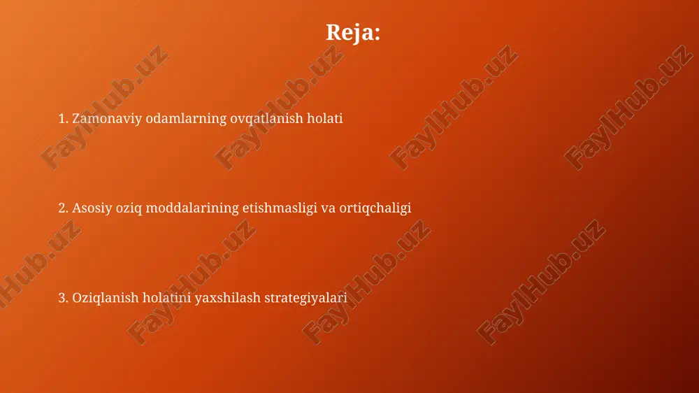 a ishlangan mahsulotlarni cheklab, kuniga kamida 5 porsiya meva va sabzavot iste'mol qilish vitaminlar, minerallar va tolalarni ko'paytirishning asosidir. e'tiboringiz uchun rahmat @taqdimot_robot image1.png image2.png image3.png