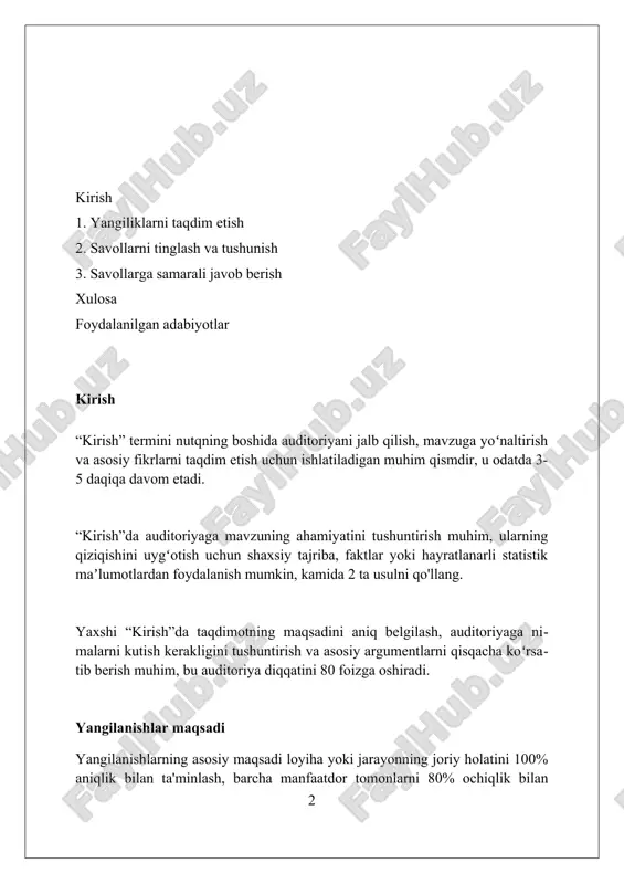 ʻlishi kerak. tuzilmani rejalashtirish tuzilmani rejalashtirishda birinchi qadam loyiha maqsadlarini aniq belgilash, ya'ni smart kriteriyalari: 10 ta qonuniy, aniq, erishiladigan, real va vaqt bilan bog'liq maqsadlar. resurslarni boshqarish tizimi, masalan, jira, tuzilmani rejalashtirish uchun muhim, chunki u vazifalarni taqsimlash, 7 xodim ishtirokini kuzatish va 24 soat ichida muammolarni hal qilishga yordam beradi. risklarni baholash jarayoni tuzilmani rejalashtirishning ajralmas qismi bo'lib, unda potentsial xavflarni aniqlash, 5 ta ehtimoliy ta'sirni baholash va ularni bartaraf etish strategiyalari ishlab chiqiladi. vizual yordam “vizual yordam” taqdimotlar vaqtida ma’lumotni yanada tushunarli qilish uchun ishlatiladigan grafikalar, diagrammalar va rasmlarni o‘z ichiga oladi, bu 25 foizga samaradorlikni oshirishi mumkin. vizual yordamlar, masalan, infografikalar yoki slaydlardan foydalanish auditoriyaning diqqatini jalb qilib, umumiy tushunish darajasini 30-40 foizga ko‘tarishi mumkin, natijada yuqori baholash ko‘rsatkichlari kuzatiladi. vizual yordamlarni, jumladan jadvallar, grafiklar va 3d modellarni qo‘llash murakkab ma’lumotlarni soddalashtiradi va auditoriya xotirasini 20 foizga yaxshilashga yordam beradi. ishonchli yetkazib berish "ishonchli yetkazib berish"da …