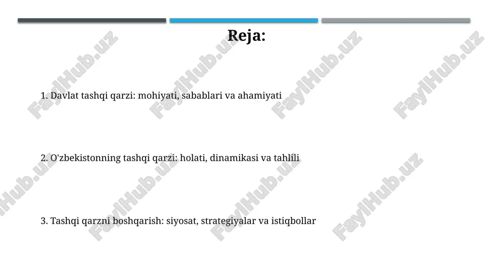 ati bilan. tashqi qarzning o'lchov mezonlari va ko'rsatkichlari davlat tashqi qarzi yaimga nisbatan foizda o'lchanadi, odatda 50% dan yuqori bo'lishi xavfli hisoblanadi, chunki bu to'lov qobiliyatiga ta'sir qiladi. qarzning eksportga nisbati, masalan 100% dan oshsa, qarzni qaytarish uchun eksport tushumlari yetarli emasligini ko'rsatadi va xavotir uyg'otadi. o'zbekistonning tashqi qarz dinamikasi o'zbekistonning davlat tashqi qarzi 2023-yilga kelib yalpi ichki mahsulotning (yaim) qariyb 40% ini tashkil etdi, bu ko'rsatkich davlat investitsiya dasturlarini moliyalashtirish uchun o'sish tendentsiyasini aks ettiradi. 2017-yildan boshlab, o'zbekiston tashqi qarzining sezilarli o'sishi kuzatildi, bu asosan infratuzilma loyihalarini, jumladan, transport va energetika sohalarini rivojlantirish maqsadida jalb qilingan xalqaro kreditlar bilan bog'liq. o'zbekistonning tashqi qarz tarkibi (kreditorlar va valyutalar) o'zbekistonning tashqi qarz tarkibida ko'p tomonlama kreditorlar (osiyo taraqqiyot banki, jahon banki) sezilarli ulushga ega bo'lib, umumiy qarzning 40% dan ortig'ini tashkil etadi. tashqi qarz valyuta tarkibida aqsh dollari ustunlik qiladi, qariyb 60% qarz ushbu valyutada ifodalangan, bu esa valyuta xavfini boshqarish …