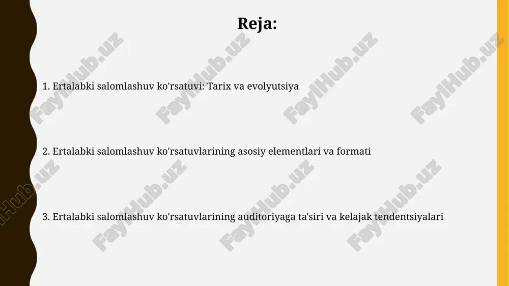 isoblanadi, bu hududiy qamrovni anglatadi. salomlashuv ko'rsatuvlarining kelajagi salomlashuv ko'rsatuvlari 2030 yilga kelib, ai texnologiyalari orqali har bir tomoshabinning afzalliklariga moslashtirilgan shaxsiy kontentni taqdim etishi mumkin. kelajakda, 3d va vr texnologiyalari orqali salomlashuv ko'rsatuvlari interaktiv va immersiv formatga o'tib, tomoshabinlar bilan real vaqtda muloqot qilish imkoniyatini yaratadi. xulosa «xulosa» dasturida 15 daqiqada kunning eng muhim 3-4 yangiliklari, tahliliy sharhlar va ekspertlar bilan suhbatlar jamlangan bo'lib, tomoshabinlarga tezkor ma'lumot beradi. dastur davomida 5-7 daqiqalik qisqa intervyular, ijtimoiy so'rovlar va raqamli texnologiyalar orqali auditoriya bilan o'zaro aloqalar o'rnatilib, dolzarb mavzular muhokama qilinadi. e'tiboringiz uchun rahmat image1.png image2.jpg image3.jpg image4.jpg image5.jpg image6.jpg image7.jpg
