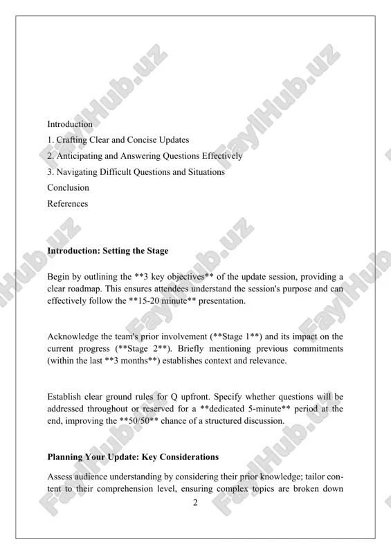 ds, describe the task, 8 words, action, 12 words, and then, what happened to make it clear. divide updates into logical sections with descriptive headings. for example, 'progress on phase 2' ensures quick navigation, using 5-10 words in each section to optimize comprehension. visual aids: enhancing your presentation utilizing visuals like charts and graphs, specifically the “8x8 rule”, limits text on each slide, enhancing audience comprehension by presenting data-driven insights effectively. animations and transitions, when employed judiciously, maintain audience engagement; however, overusing more than 2-3 types per presentation distracts from the core message. consistent branding in visuals, using a maximum of 2-3 colors, reinforces professional image; consider accessibility for colorblind individuals using online color blindness simulators. delivery techniques: engaging your audience incorporate 'storytelling' techniques by using relatable anecdotes within the first 5 minutes. this helps humanize data and create a memorable, emotionally resonant connection with your audience. employ the '10/20/30 …