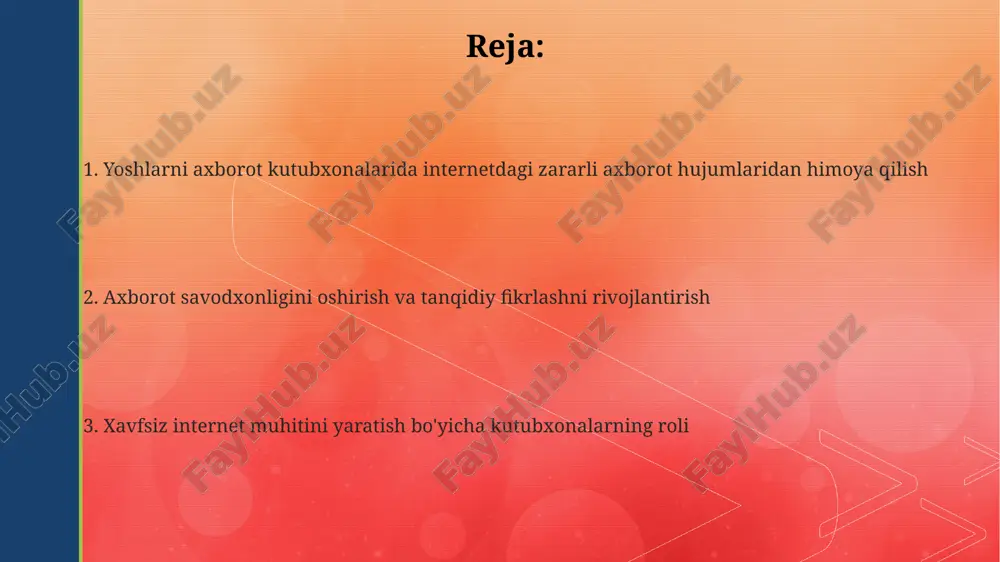 hdagi o'smirlar uchun onlayn xavfsizlik bo'yicha interaktiv treninglar tashkil etishi, faktlarni tekshirish va tanqidiy fikrlashni o'rgatishi kerak. kutubxonachilar yoshlarga zararli kontentga duch kelganda, masalan, 998 raqamiga qo'ng'iroq qilib, zudlik bilan xabar berish usullarini o'rgatishlari zarur. e'tiboringiz uchun rahmat @taqdimot_robot image1.png image2.png