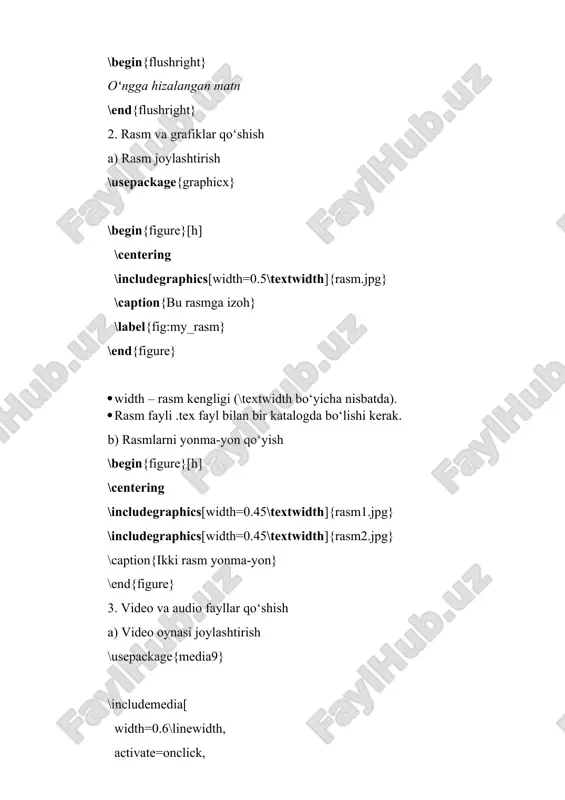 {audio tinglash}}{aplayer.swf} 4. grafiklar va diagrammalar latex’da grafiklar chizish uchun tikz yoki pgfplots paketlaridan foydalaniladi. misol: oddiy grafik \usepackage{tikz} \begin{tikzpicture} \draw[->] (-1,0) -- (4,0) node[right] {$x$}; \draw[->] (0,-1) -- (0,4) node[above] {$y$}; \draw[scale=1,domain=0:3,smooth,variable=\x,blue] plot ({\x},{\x*\x}); \end{tikzpicture} 5. giperhavolalar va interaktivlik \usepackage{hyperref} \href{https://youtube.com}{youtube’ga o‘tish} \url{https://latex-project.org} shuningdek, \tableofcontents, \ref{}, \label{} bilan avtomatik havolalar ishlatiladi. 6. prezentatsiya – multimedia taqdimotlar latex’da taqdimot qilish uchun beamer klassidan foydalaniladi: \documentclass{beamer} \title{matn va multimedia effektlari} \author{ismingiz} \date{\today} \begin{document} \begin{frame} \titlepage \end{frame} \begin{frame}{matn effektlari} \begin{itemize} \item \textbf{qalin matn} \item \textit{kursiv matn} \item \textcolor{red}{rangli matn} \end{itemize} \end{frame} \begin{frame}{rasmlar} \includegraphics[width=0.5\textwidth]{rasm.jpg} \end{frame} \end{document} quyidagi berilgan kodni latexda yozib ko’ramiz: xulosa latex yordamida matnni nafaqat anʼanaviy uslubda balki grafik, rasm, audio, video orqali ham boyitish mumkin. bu quyidagi imkoniyatlarni beradi: matn formatlarini sozlash (shrift, rang, o‘lcham) interaktiv pdf yaratish (havolalar, video, audio) prezentatsiyalar tuzish (beamer) diagramma va grafik chizish (tikz) tavsiya etiladigan paketlar: graphicx rasm joylashtirish xcolor rangli matn media9 video/audio …