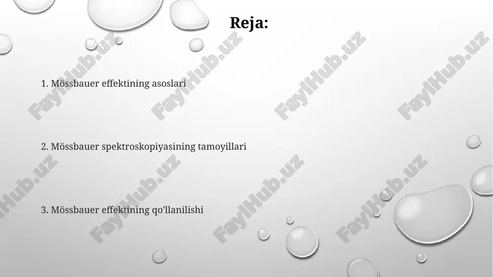 oviy evolyutsiyasini tushunishga yordam beradi. metalloproteinlarning tuzilishi va funksiyasini o'rganishda mössbauer spektroskopiyasi muhim rol o'ynaydi, chunki u temir ionlarining atrofidagi elektron tuzilishini va ularning biologik faolligini bevosita aniqlash imkonini beradi. e'tiboringiz uchun rahmat @taqdimot_robot image1.png image2.png
