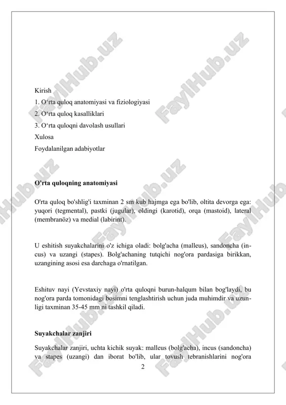 evstaxiy nayi - bu taxminan 35 mm uzunlikdagi, o'rta quloq bo'shlig'ini burun-halqum bilan bog'laydigan kanal bo'lib, bosimni tenglashtirishda 1 vazifani bajaradi. nayning suyakli qismi taxminan 12 mm, tog'ay qismi esa 23 mm bo'lib, burun-halqum tomonga ochiladi va havo o'tishini ta'minlab, 2 vazifani bajaradi. evstaxiy nayi, ayniqsa bolalarda, gorizontal holatda joylashgani tufayli infeksiyalarga 3 moyil bo'ladi, bu esa otit kabi kasalliklarni keltirib chiqarishi mumkin. o'rta quloq bo'shlig'i o'rta quloq bo'shlig'i taxminan 2 sm³ hajmga ega va 6 ta devorga ega, ularning har biri muhim anatomik tuzilmalarga tutashgan. ushbu bo'shliqda uchta kichik suyak joylashgan: malleus, inkus va stapes. ular tovush tebranishlarini 22 barobar kuchaytiradi va ichki quloqqa uzatadi. yevstaxiy nayi o'rta quloq bo'shlig'ini burun-halqum bilan bog'laydi va bosimni tenglashtirishga yordam beradi, bu esa optimal eshitish uchun juda muhim. o'rta quloqning fiziologiyasi o'rta quloq fiziologiyasida asosiy vazifa - tovush to'lqinlarini impedans moslashuv yordamida ichki quloqqa effektiv o'tkazish, bunda havo va suyuqlik o'rtasidagi farq …