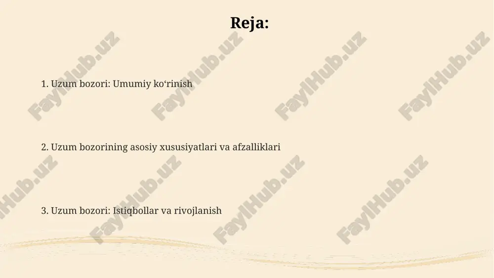 uchun uzum market mahsulotlarini 50+ filialga yetkazish imkoniyatini beradi, logistika xarajatlarini kamaytiradi va oxvatni kengaytiradi, bu esa 20% gacha savdo hajmini oshirishi mumkin. xaridorlar uchun uzum market turli xil mahsulotlarni arzon narxlarda, 30+ toifadagi mahsulotlarni topish imkonini beradi, shuningdek, bepul yetkazib berish aksiyalaridan foydalanishlari mumkin. uzum market orqali sotuvchilar kredit olish imkoniyatiga ega, bu biznesni rivojlantirishga yordam beradi. kredit foizlari 15% dan boshlanadi va 12 oy muddatga berilishi mumkin. uzum bozorining kelajagi kelajakda uzum bozori sun'iy intellektga asoslangan shaxsiy tavsiyalarni joriy etish orqali xaridorlar tajribasini yaxshilaydi, bu esa savdo hajmini kamida 15% ga oshirishi mumkin. uzum bozorining kelajagi 2025-yilga borib, elektron tijorat ulushining 30% ga yetishi kutilmoqda, bu logistika infratuzilmasini takomillashtirish va to'lov tizimlarini modernizatsiya qilish bilan bog'liq. uzum bozorining kelajagi mahalliy ishlab chiqaruvchilarni qo'llab-quvvatlashga qaratilgan bo'lib, ularga platformada ustuvorlik beriladi, natijada mahalliy brendlarning ulushi 40% ga yetadi. e'tiboringiz uchun rahmat