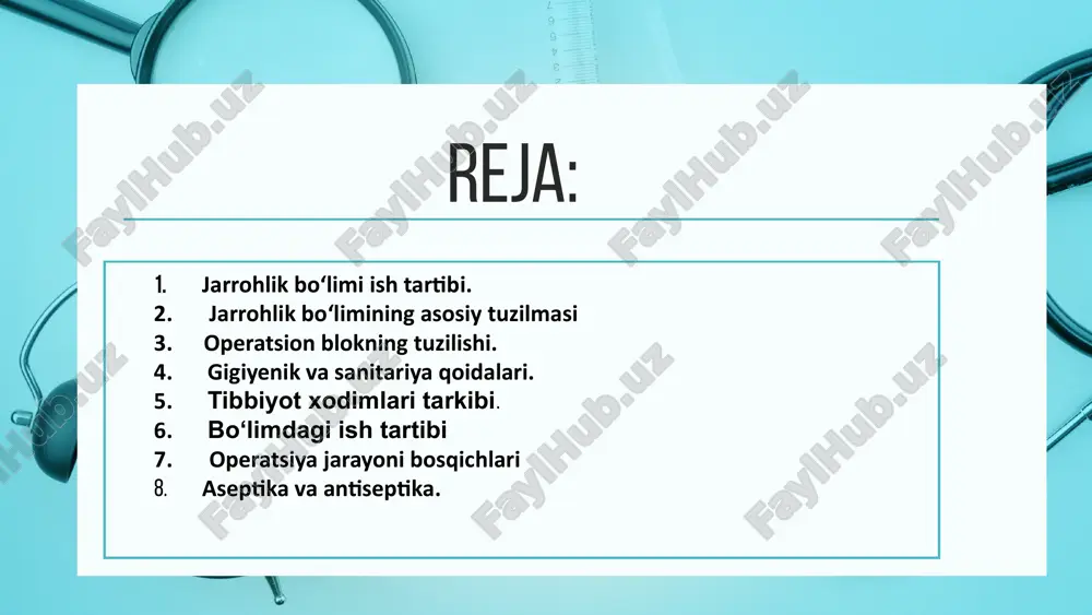 hlari bemorni tayyorlash anesteziya kiritish jarrohlik amaliyoti bajarish qon ketishini to‘xtatish yarani tikish (sutura) bemorni operatsiyadan keyingi palataga o‘tkazish aseptika va antiseptika. aseptika — mikroblarni operatsion maydonga tushishini oldini olish. steril asboblar, kiyimlar, qo‘l yuvish qoidalari. antiseptika — mikroblarni yo‘qotish choralari. mexanik, kimyoviy, fizik va biologik usullar. har bir jarrohlik bo‘limi bu ikki tamoyilga qat’iy amal qiladi. quruq havo sterilizatori: 180°c da 1 soat. avtoklav: 132°c da 20 daqiqa. kimyoviy sterilizatsiya: formalin, xloramin, spirt, vodorod peroksid. har bir sterilizatsiya jarayoni jurnalga yozib boriladi. jarrohlik asboblarini sterilizatsiya qilish operatsiyadan keyingi davr. bemor reanimatsiya yoki kuzatuv palatasida bo‘ladi. asosiy nazorat: hayotiy ko‘rsatkichlar (pulse, bosim, nafas, harorat) yarani parvarish qilish drenajlar holati og‘riqni kamaytirish, infeksiya profilaktikasi favqulodda holatlarda ish tartibi. jarroh, anesteziolog, hamshira va sanitarka tezkor chaqiruv tizimi orqali yig‘iladi. favqulodda asboblar doimo tayyor holatda saqlanadi. operatsion zaxira to‘plami mavjud bo‘lishi shart. tibbiy etikaga rioya qilish har bir xodim: bemor sha’nini hurmat qilishi …