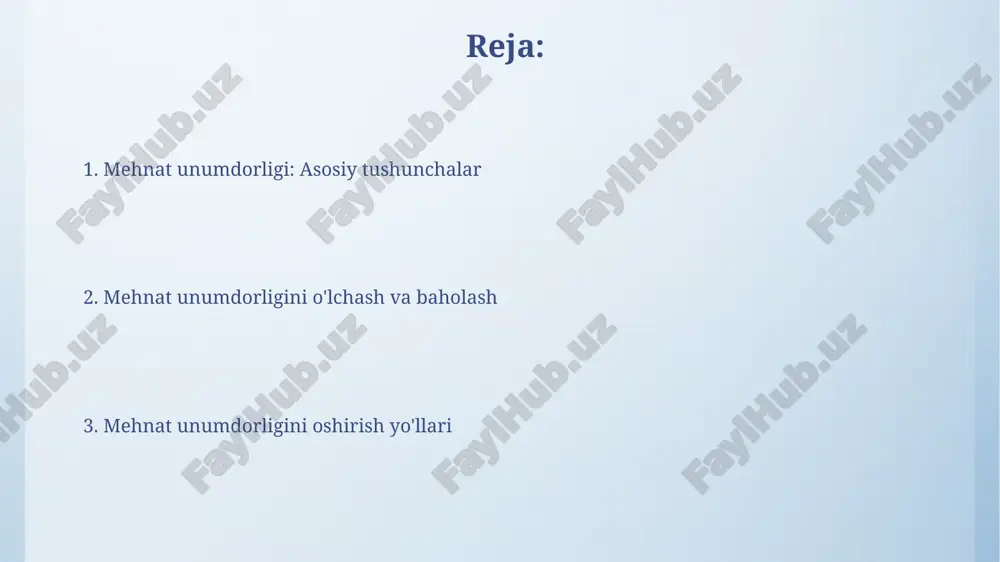 larning jismoniy kuchini talab qiladigan vazifalarni kamaytiradi. mehnat unumdorligini oshirish bo'yicha muvaffaqiyatli misollar toyota production system (tps) 75% gacha kamroq sarf-xarajat bilan avtomobillarni ishlab chiqarish orqali mehnat unumdorligini oshirdi, bu esa uzluksiz takomillashtirishga asoslangan. dellning to'g'ridan-to'g'ri savdo modeli inventarni 50% ga kamaytirdi va buyurtmani bajarish tsiklini qisqartirdi, bu esa samaradorlikni oshirdi va kapital harajatlarini kamaytirdi. xulosa va kelajakdagi tendentsiyalar ishlab chiqarishdagi avtomatlashtirish va sun'iy intellekt texnologiyalari 2030 yilgacha mehnat unumdorligini 30-40 foizga oshirishi kutilmoqda, bu esa ko'nikma o'zgarishlarini talab qiladi. kelajakda, uzoqdan ishlash va gibrid modellar korxonalarga xarajatlarni 15 foizga kamaytirishga imkon beradi, lekin xodimlar o'rtasidagi hamkorlikni kuchaytirish kerak. e'tiboringiz uchun rahmat image4.png image6.jpg image7.jpg image8.jpg image9.jpg image10.jpg image11.jpg image12.jpg image3.jpeg